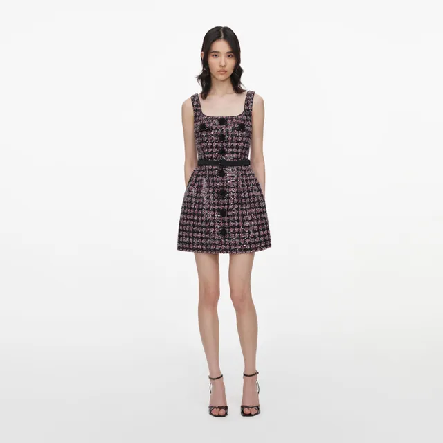 Self Portrait Sequin Boucle Minikleid rosa-schwarz ärmellos