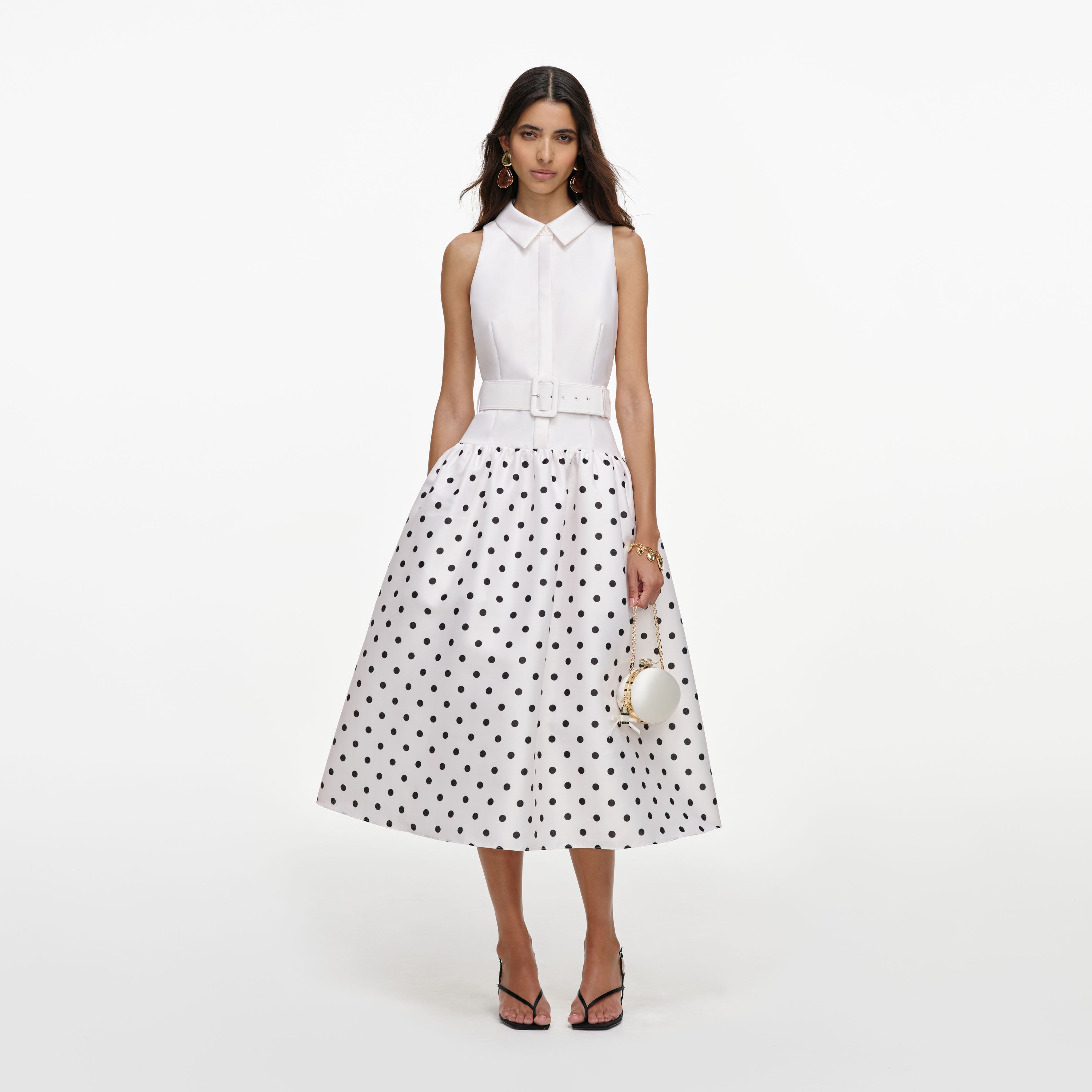 Self Portrait Midi Kleid Weiß Punkte Ärmellos UK 8