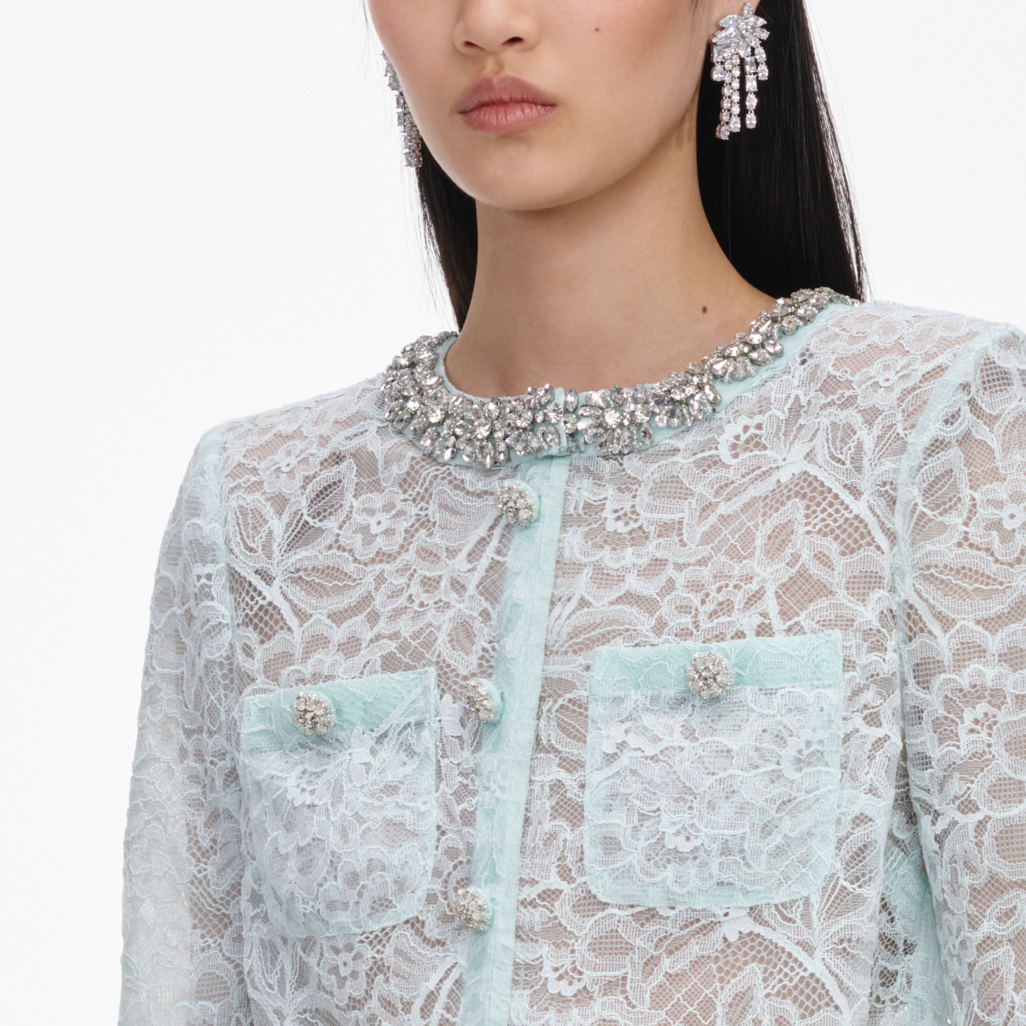 Self Portrait Mint Lace Crystal Jacke Spitze Mint mit Strass