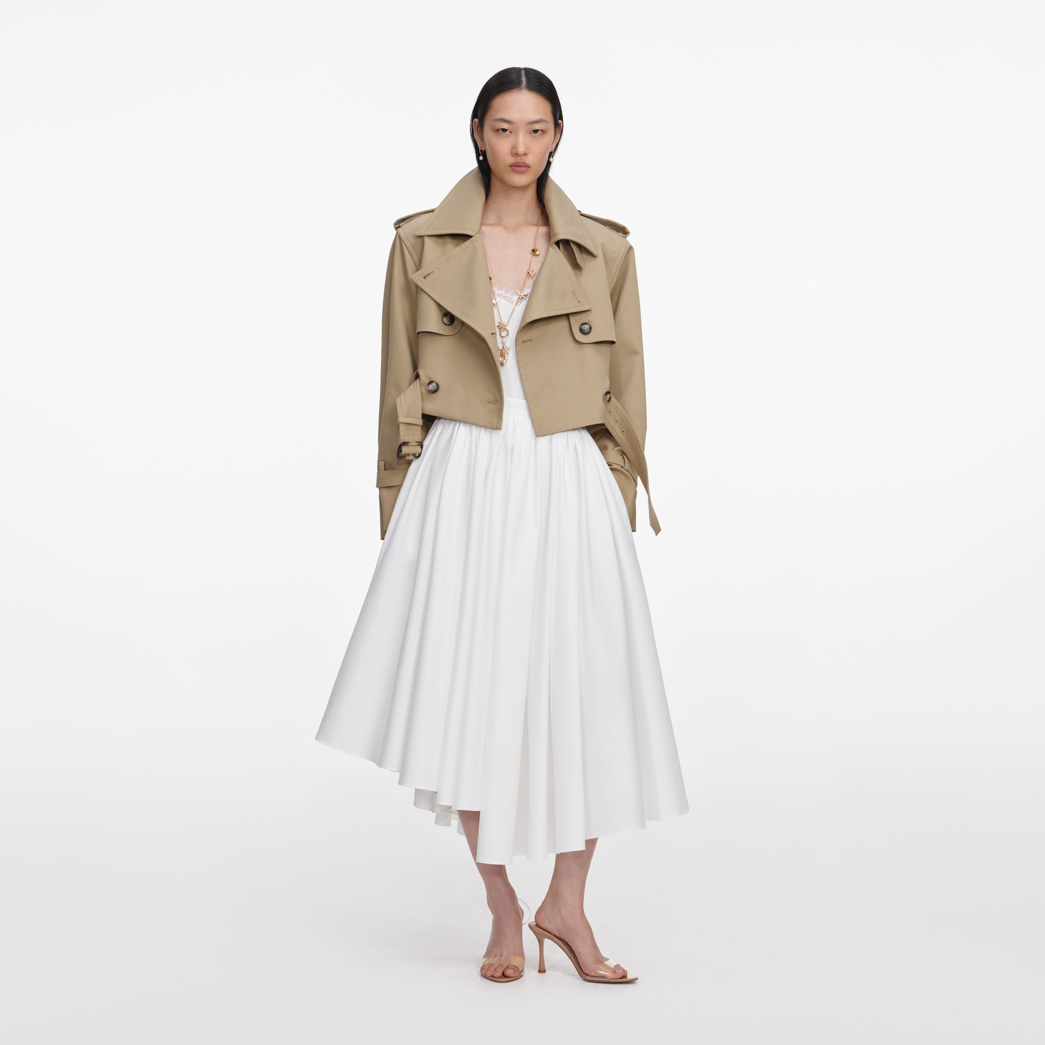 Self Portrait Cropped Trench Jacke Beige Baumwolle