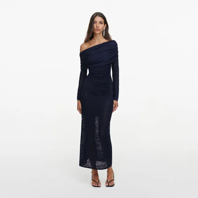Self Portrait Jacquard Knit Midi Kleid Navy Off-Shoulder