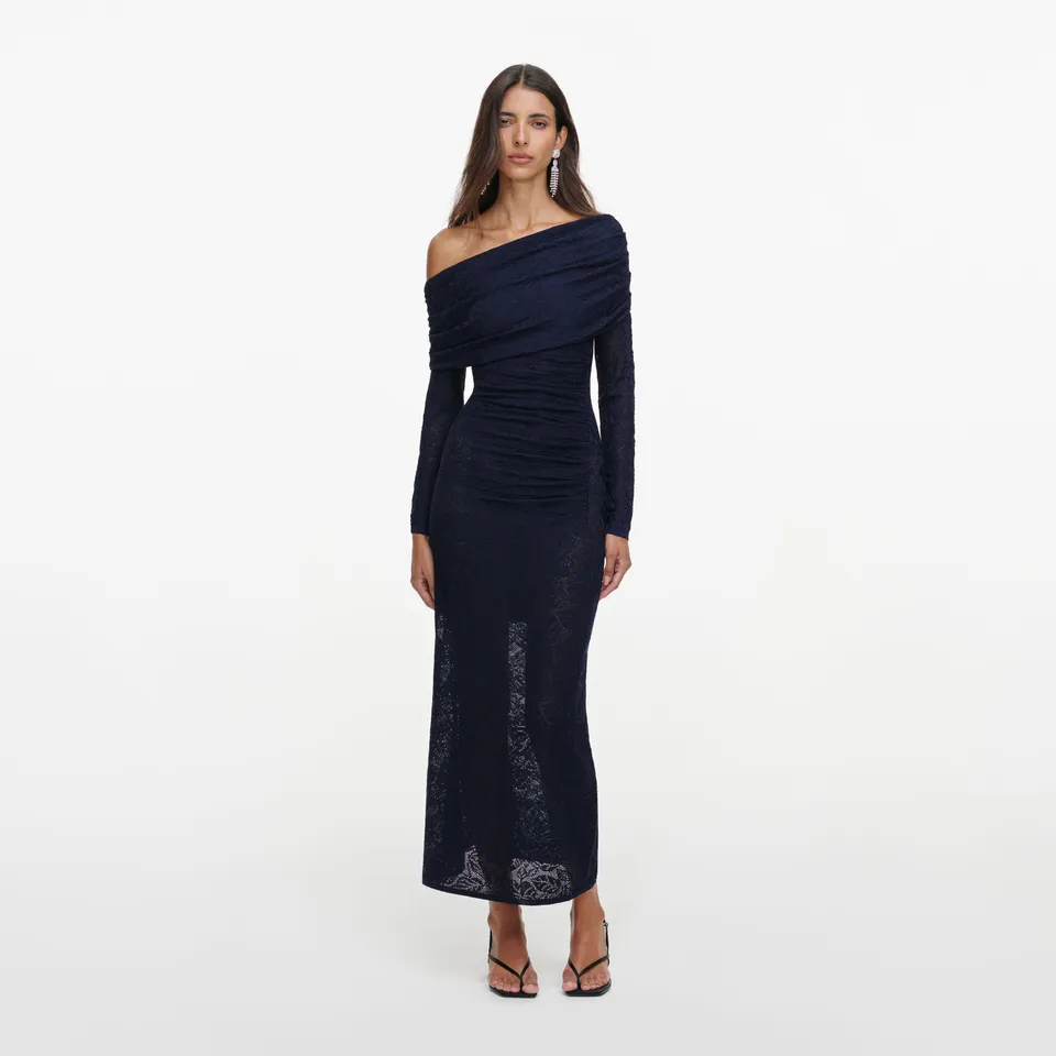 Self Portrait Jacquard Knit Midi Kleid Navy Off-Shoulder