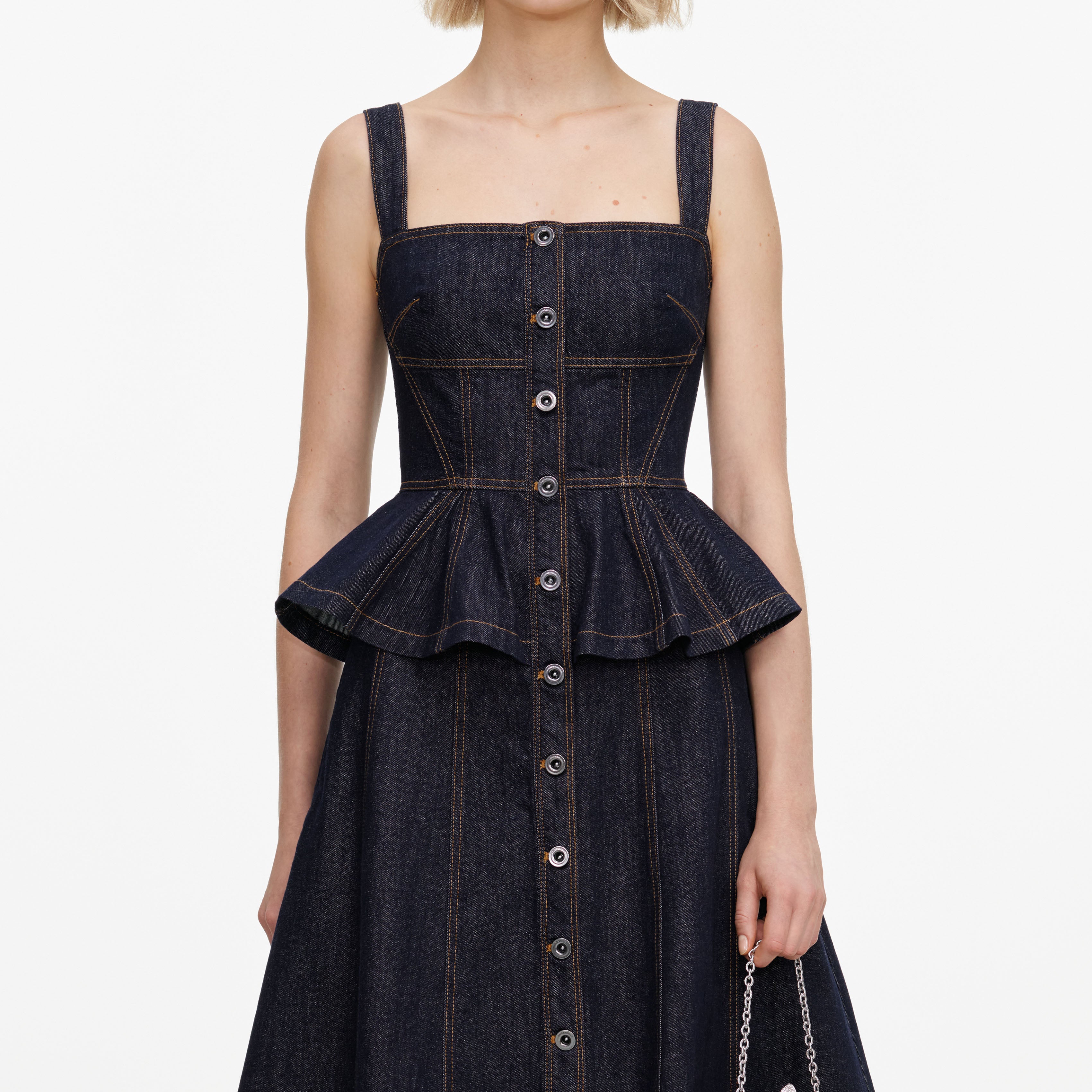 Self Portrait Indigo Peplum Denim Midikleid blau