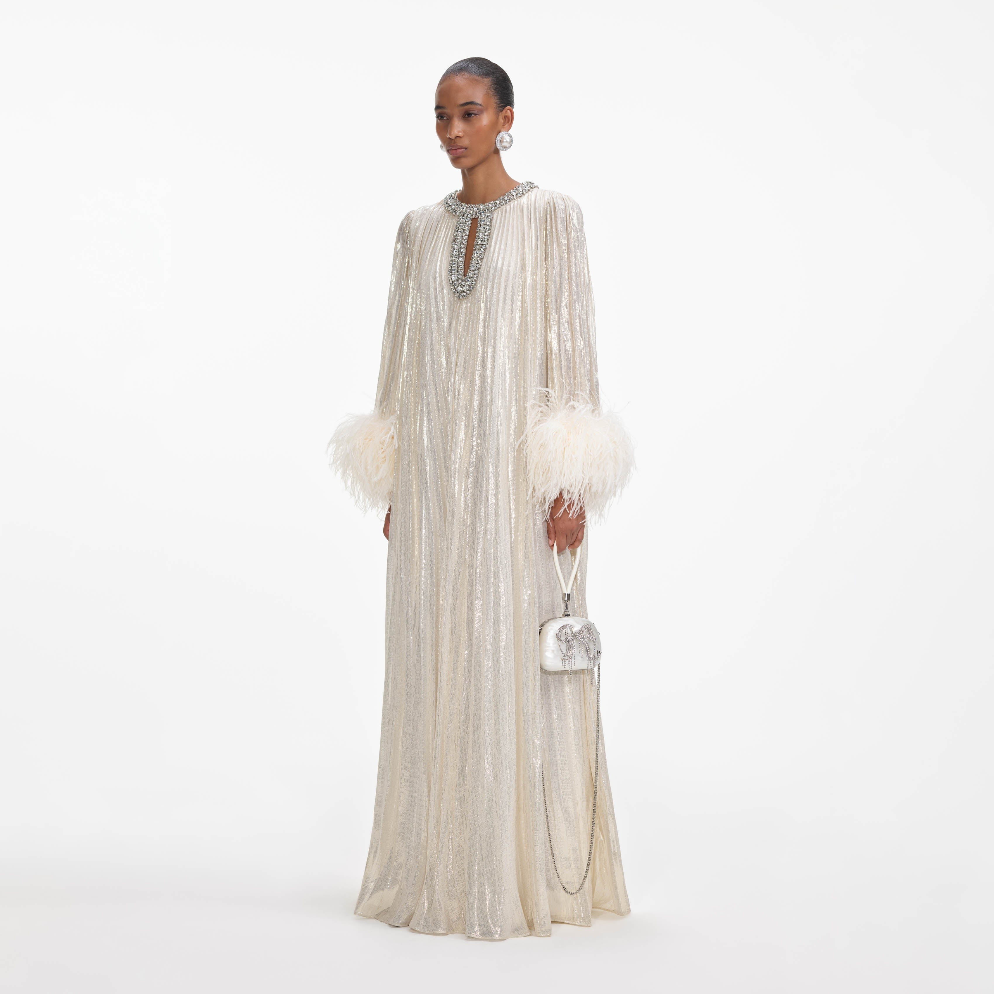 Self Portrait Dresses Gold Feather Maxi Kleid Metallic Federn Gold