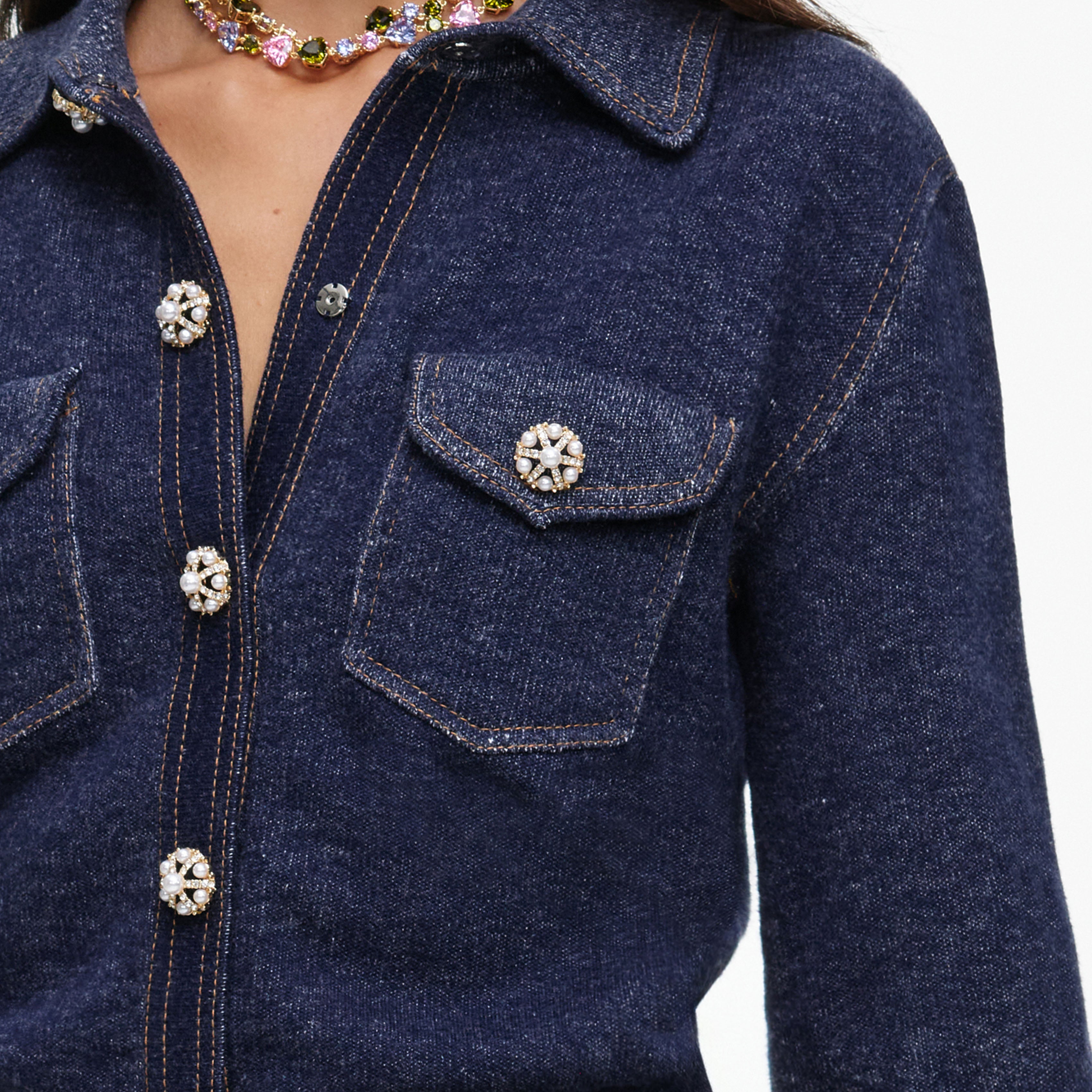 Self Portrait Knitwear Navy Knit Top Stricktop Denim-Optik Taschen