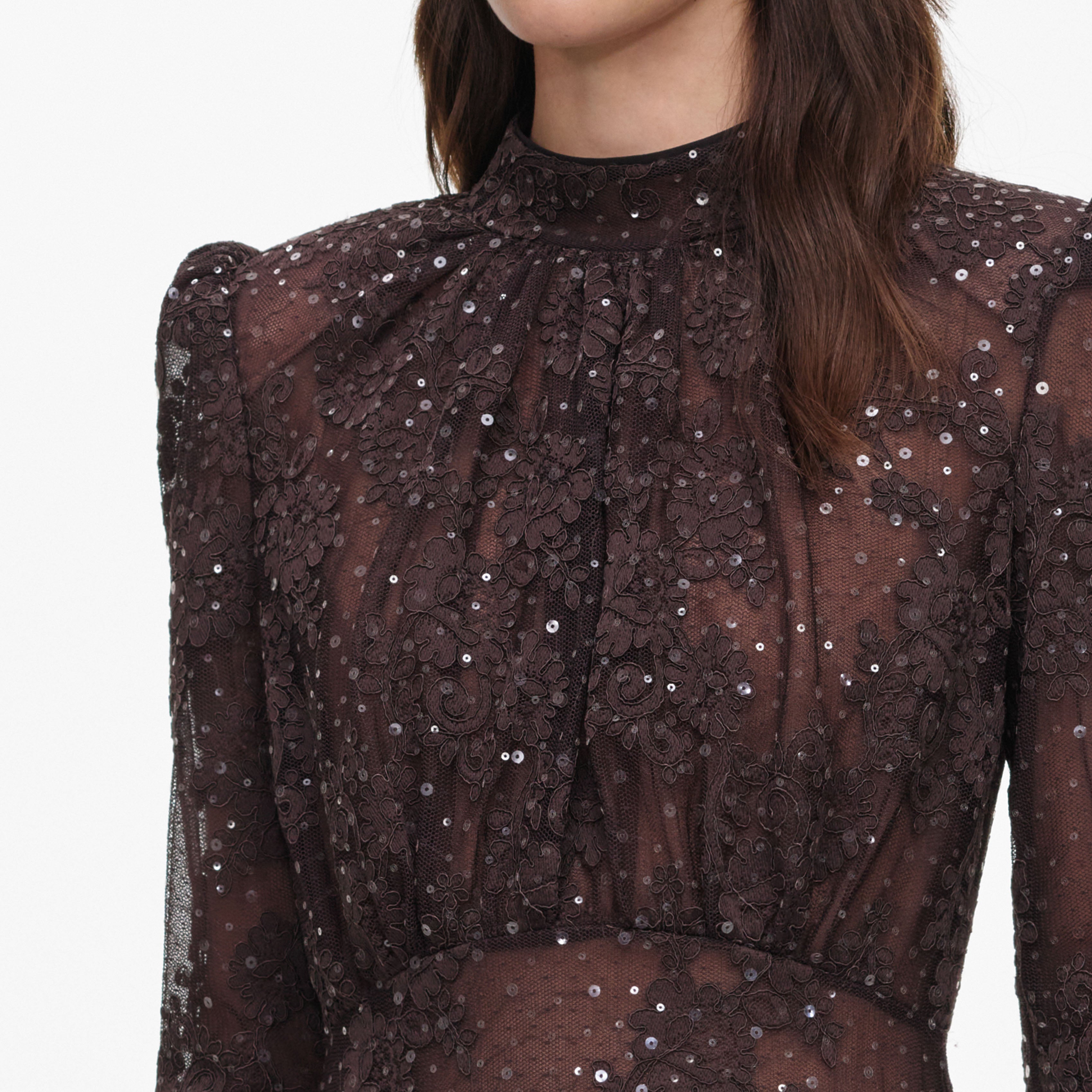 Self Portrait Sequin Lace Maxikleid braun Spitze Pailletten