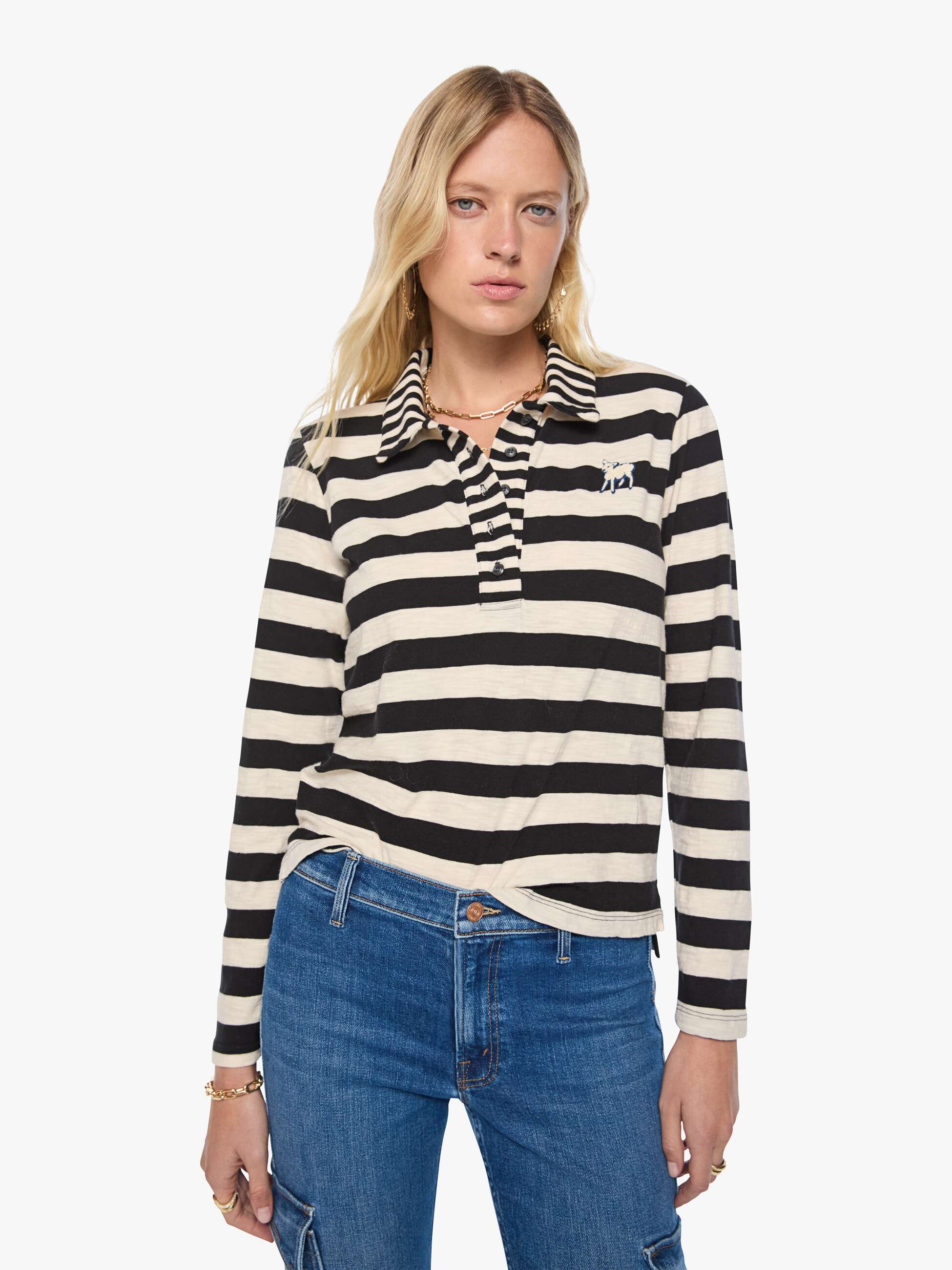 Mother The L/S Close Cut Huddle Shirt Schwarz Creme gestreift