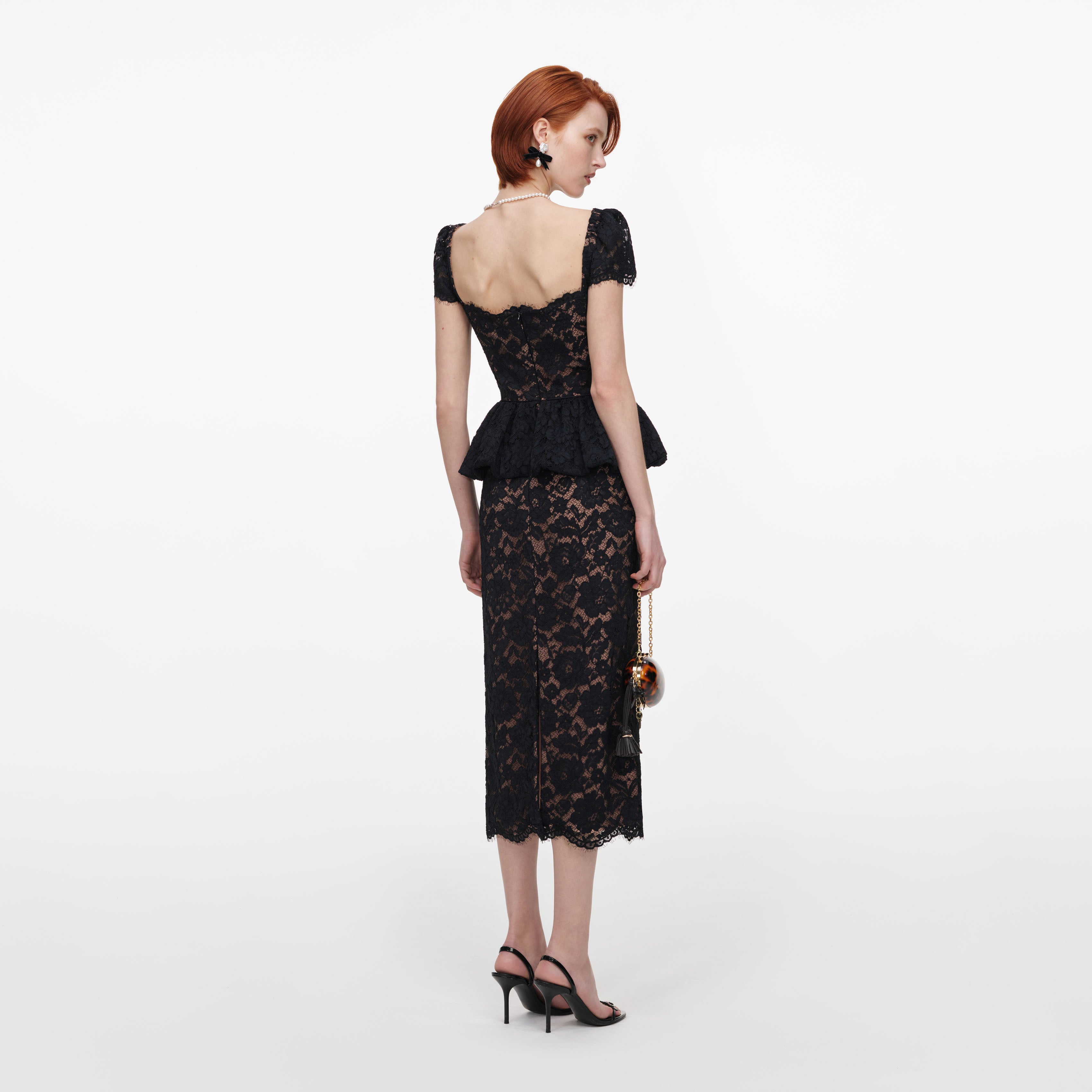 Self Portrait Black Lace Peplum Midi Spitzenkleid Schwarz
