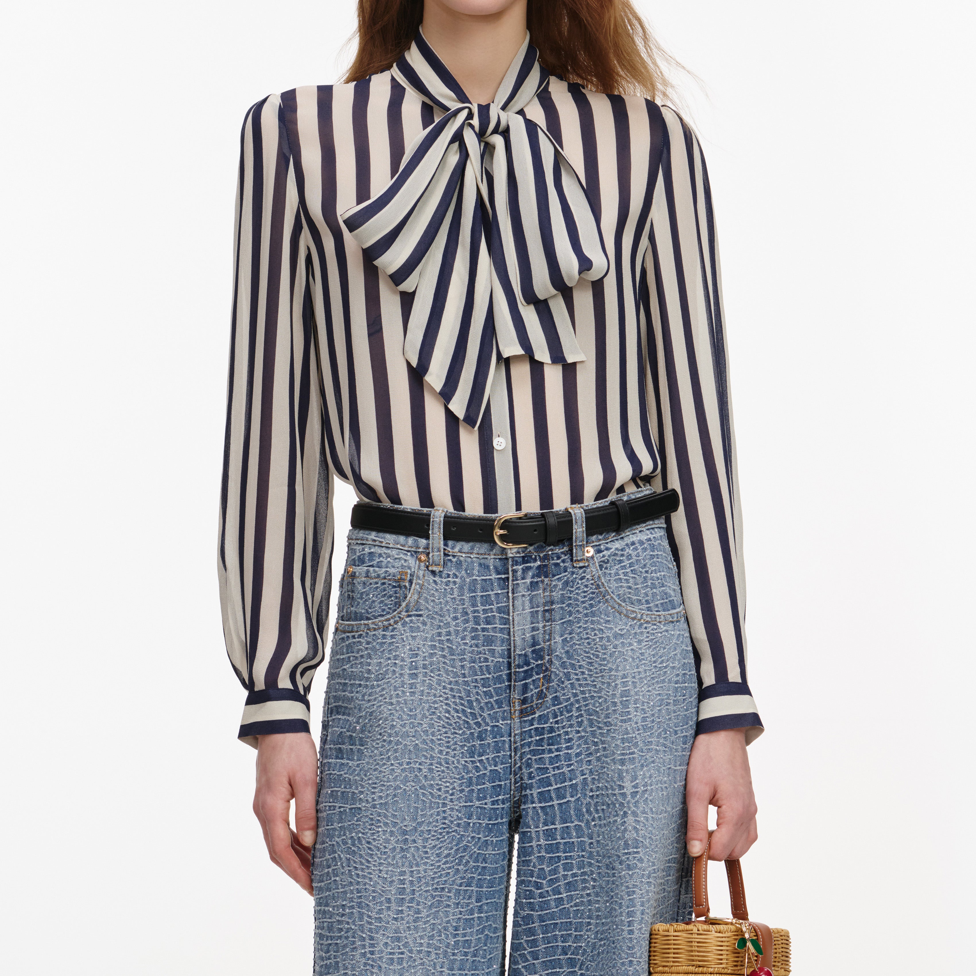 Self Portrait Navy Stripe Tie Neck Bluse Damen Georgette
