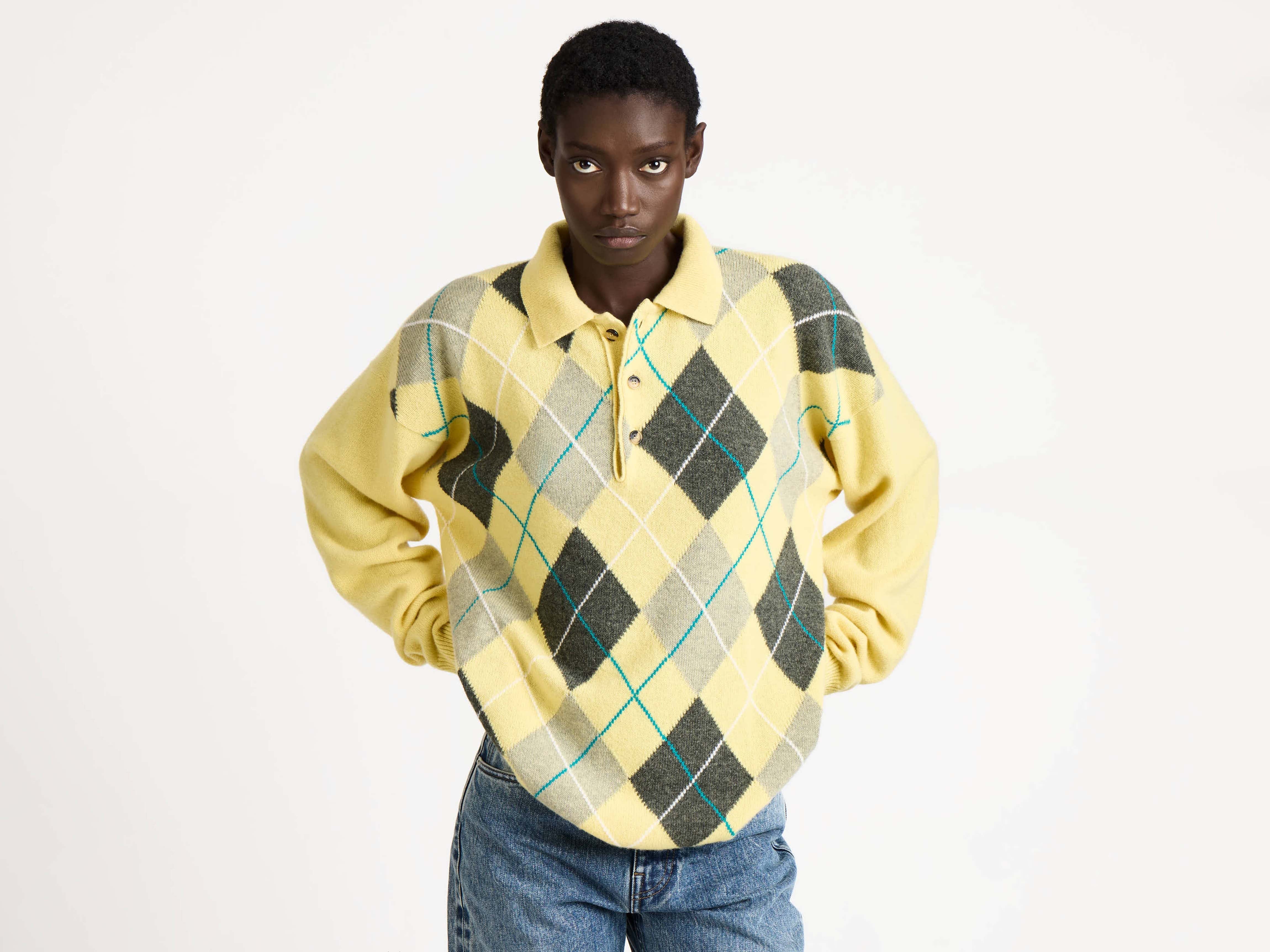 JW Anderson x Pringle Argyle Polo Top Damen Gelb Wolle