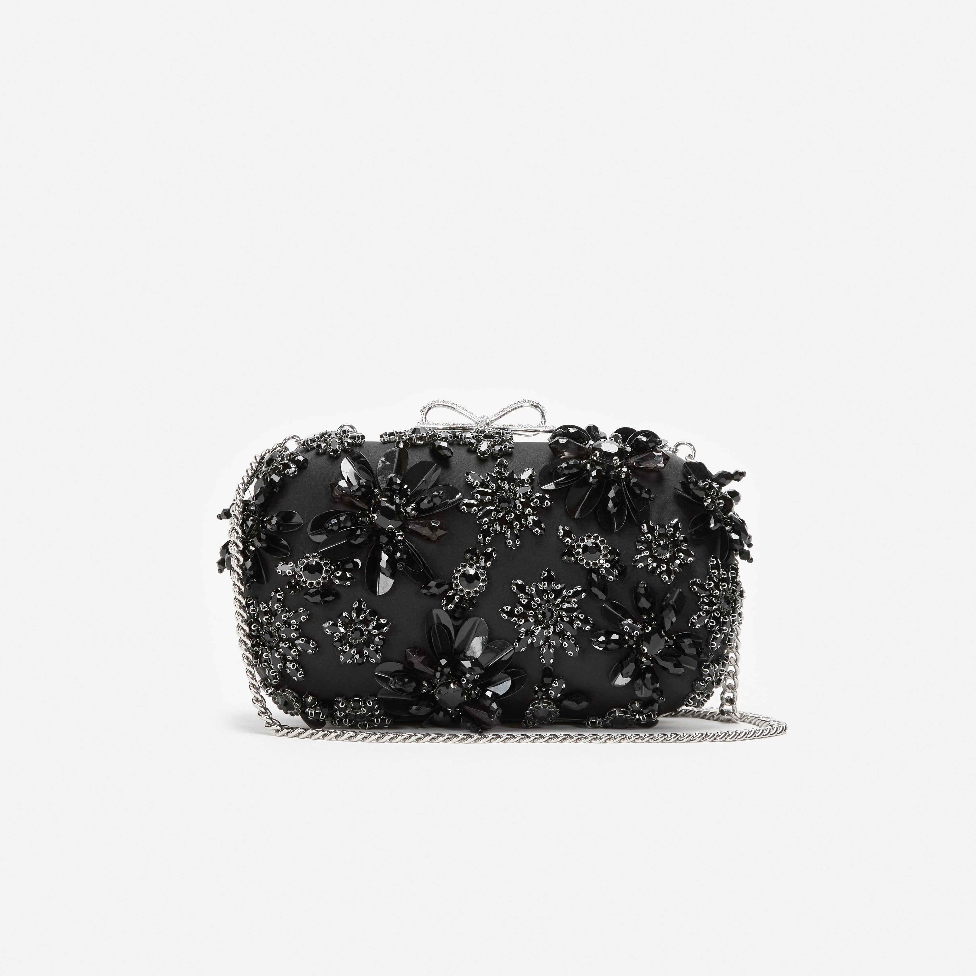 Self Portrait Black Satin Floral Crystal Clutch Tasche Schwarz