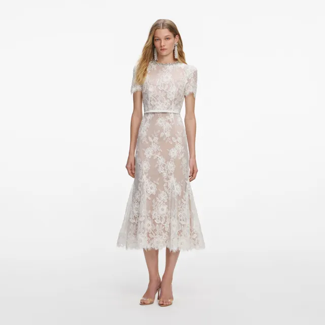 Self Portrait White Sequin Lace Midikleid Weiß Spitze