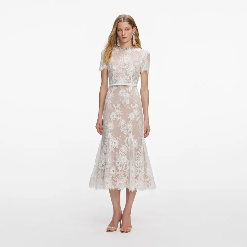 Self Portrait White Sequin Lace Midikleid Weiß Spitze
