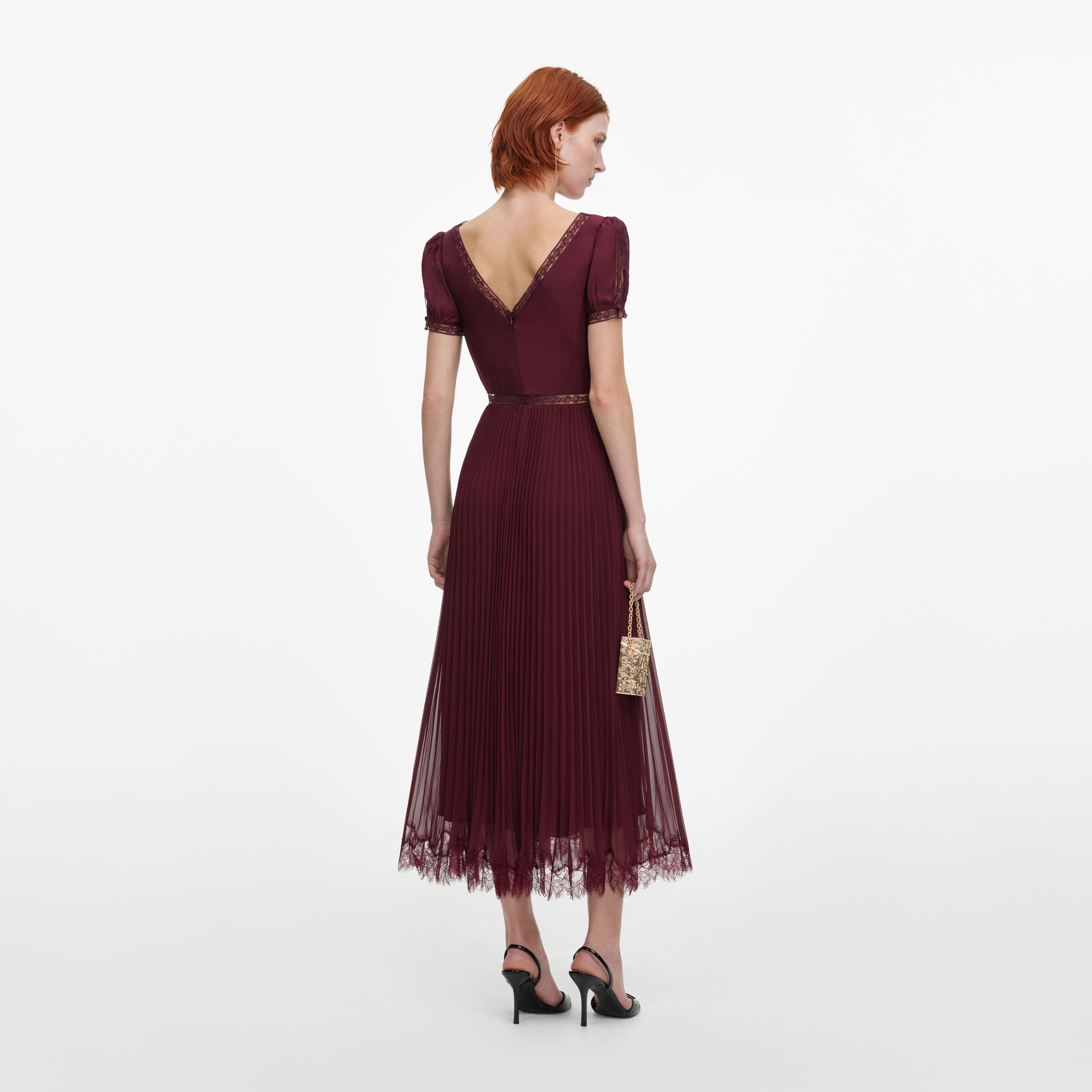 Self Portrait Viskose Midikleid Burgundy Plissee Spitze