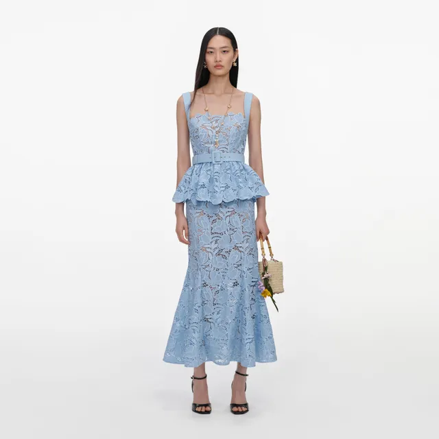 Self Portrait Blue Lace Peplum Midi Kleid Blau Spitze