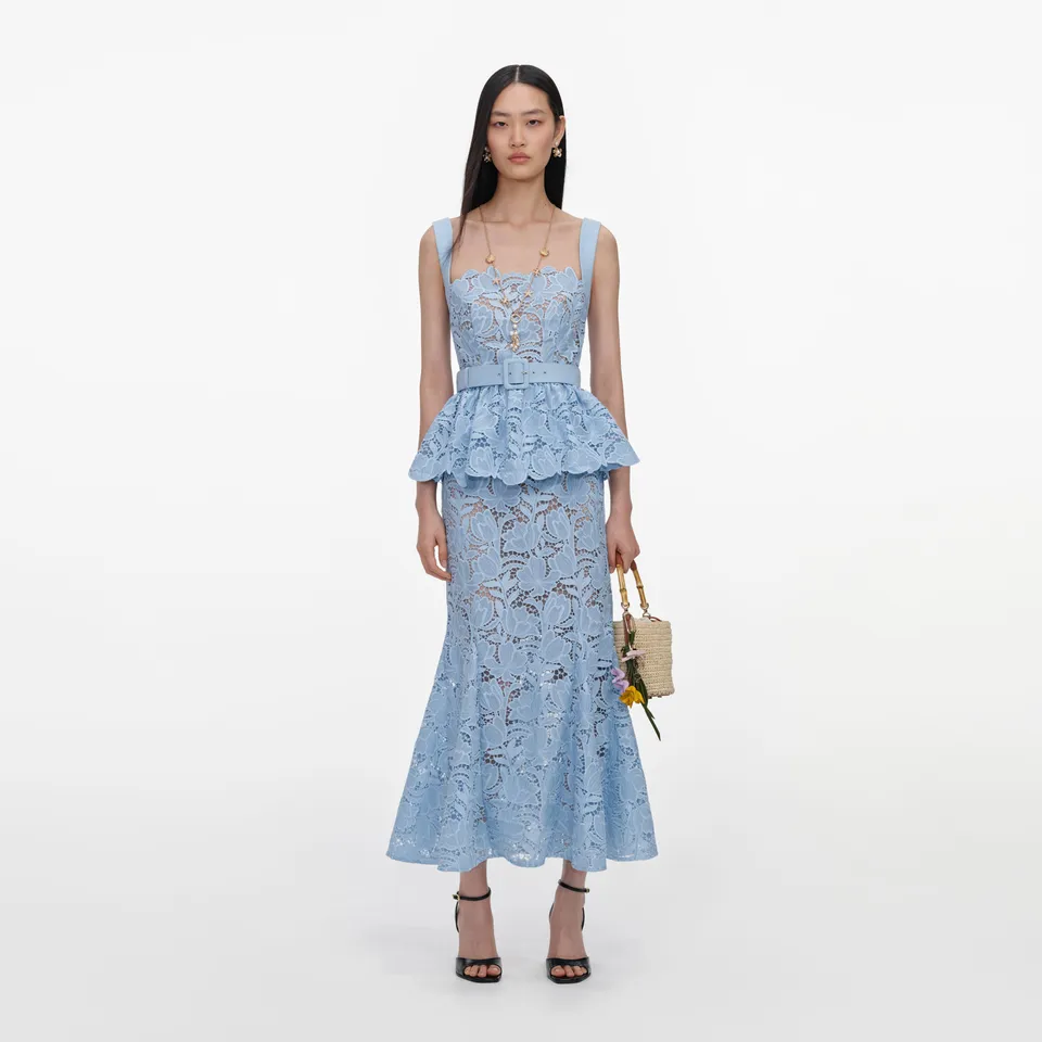 Self Portrait Blue Lace Peplum Midi Kleid Blau Spitze