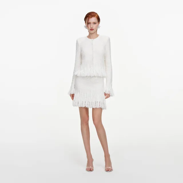 Self Portrait White Fringe Knit Mini Rock Strick Weiß