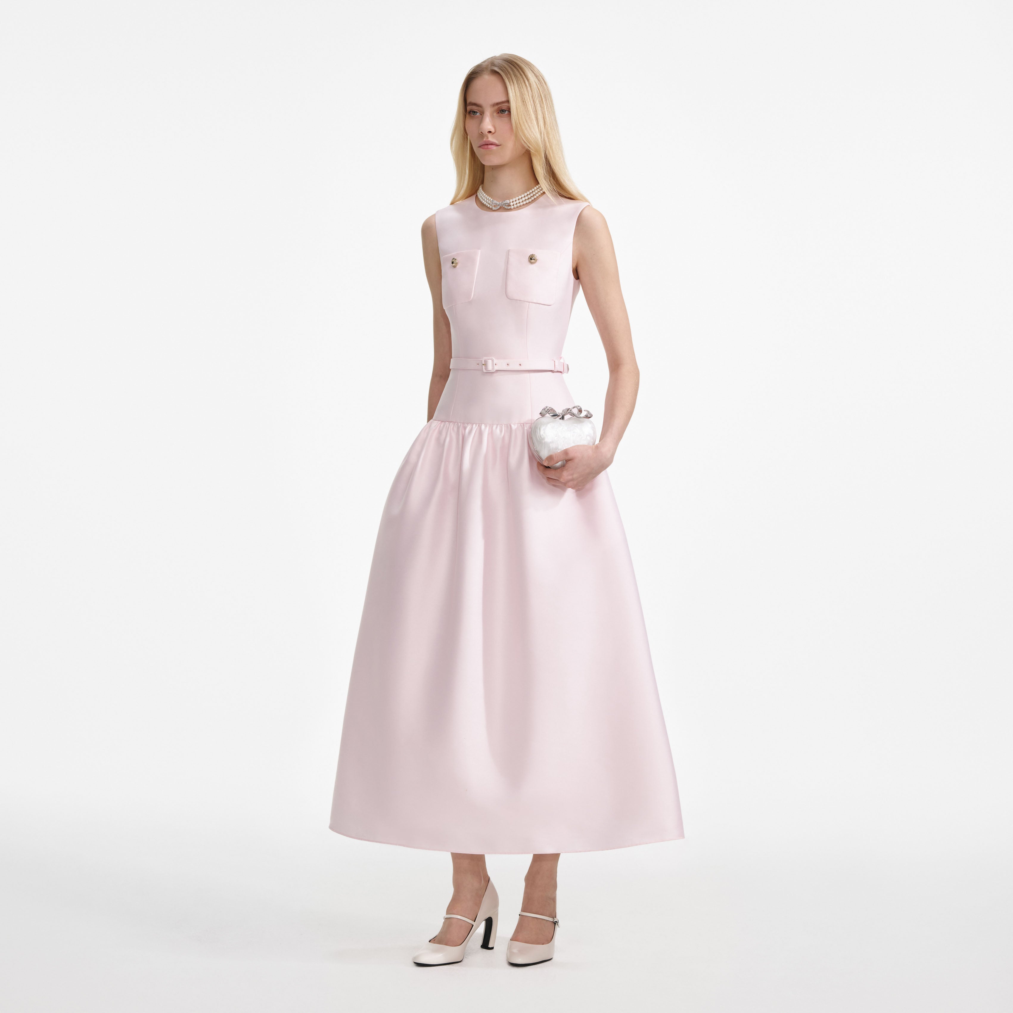 Self Portrait Pink Taffeta Belted Midi Dress Kleid Pink