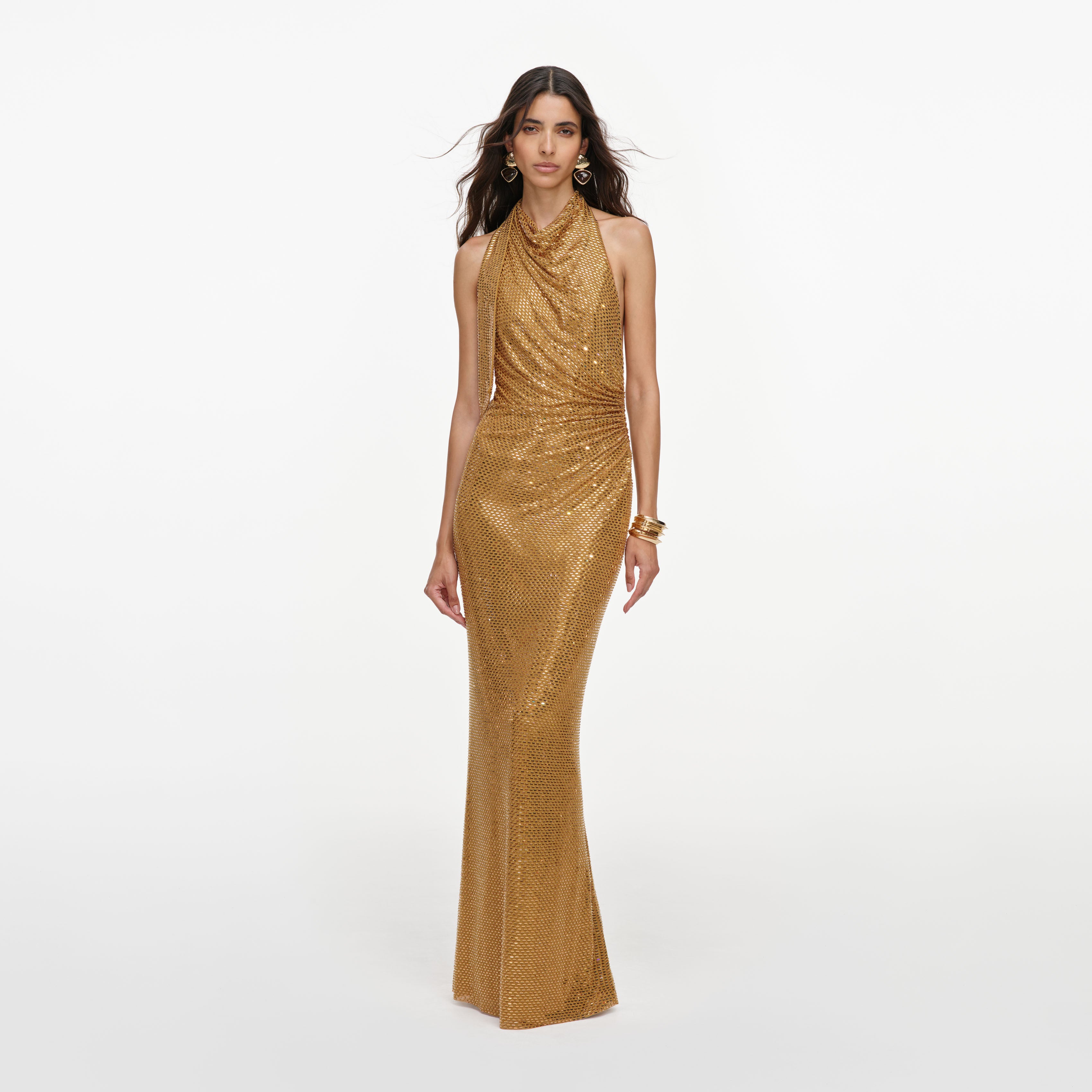 Self Portrait Gold Rhinestone Halter Maxikleid gold UK 6