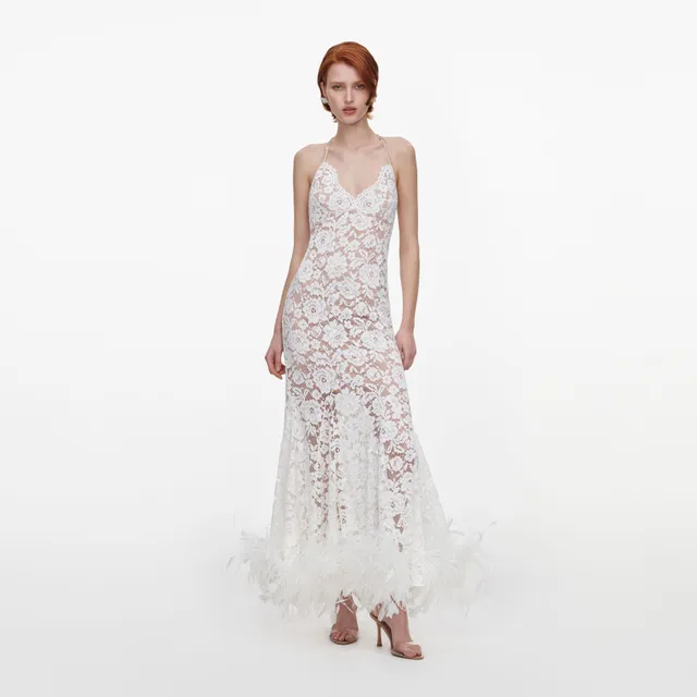 Self Portrait Dresses White Fine Lace Feather Maxikleid Weiß UK 6