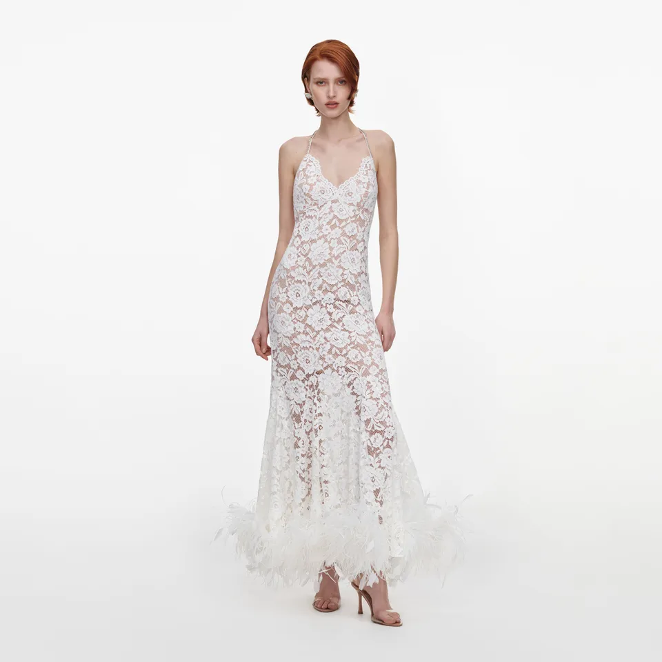 Self Portrait Dresses White Fine Lace Feather Maxikleid Weiß UK 6