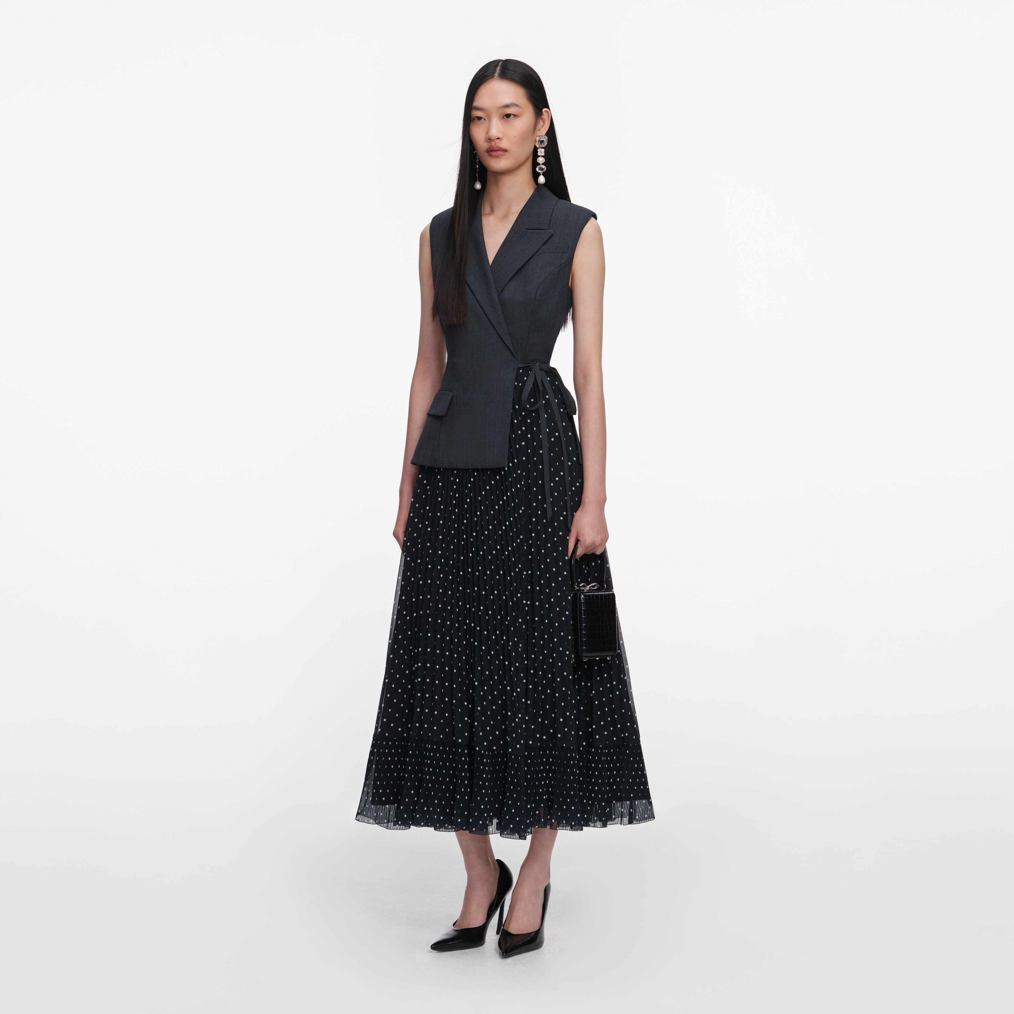 Self Portrait Graues Polka Dot Midikleid Wolle Tailored