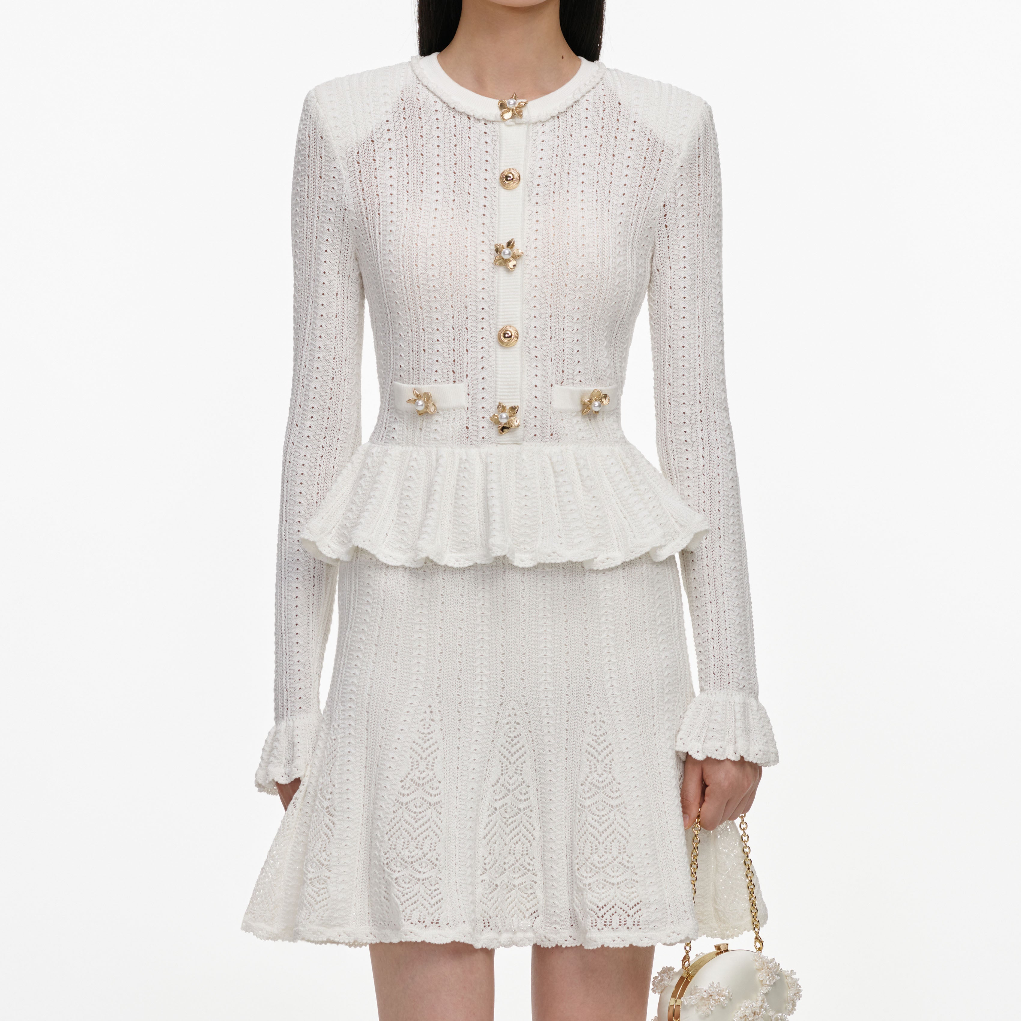 Self Portrait White Pointelle Peplum Strick-Minikleid