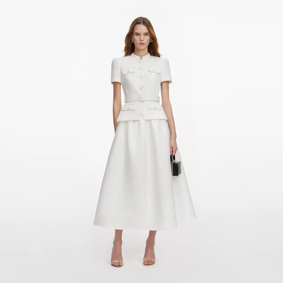 Self Portrait White Tailored Taffeta Midikleid Weiss