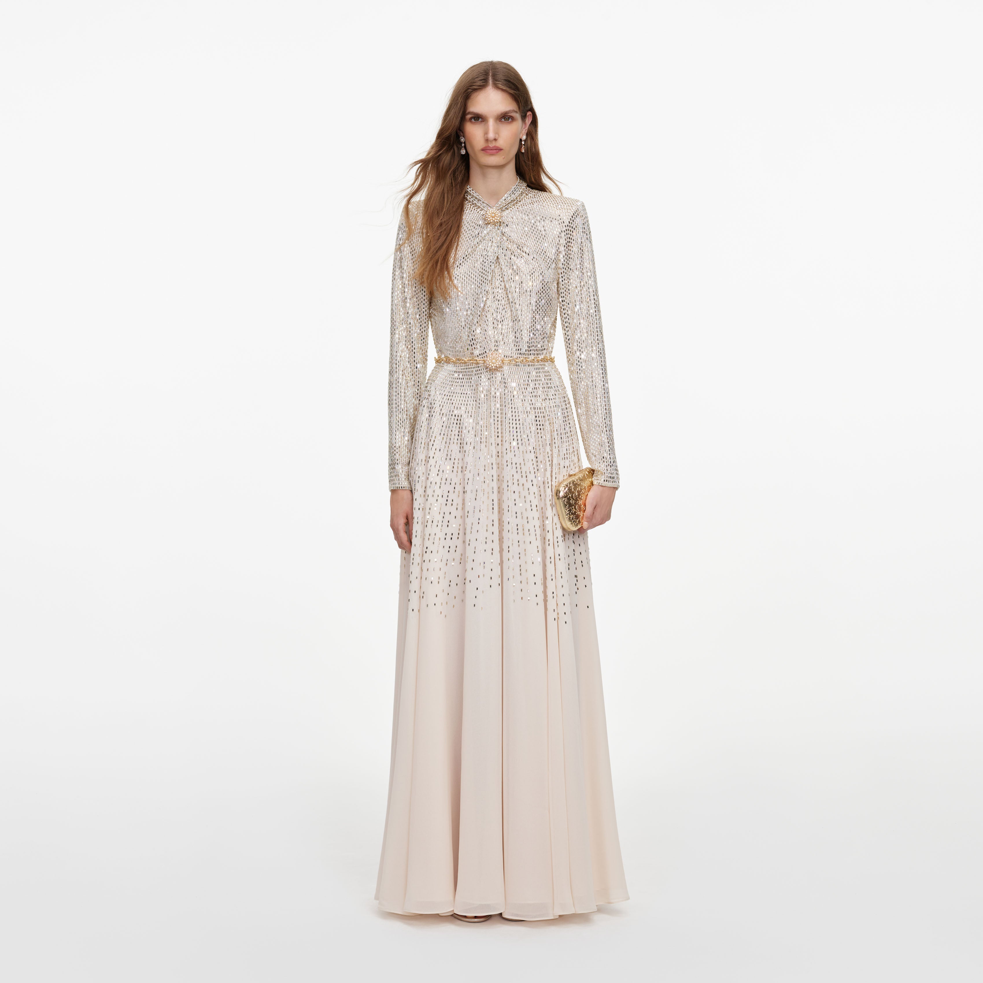 Self Portrait Dresses Champagne Ombre Rhinestone Maxi Kleid Ombre Strass
