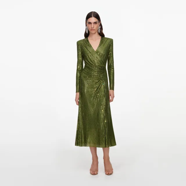 Self Portrait Olive Rhinestone Wrap Midikleid Grün UK 10 Strass