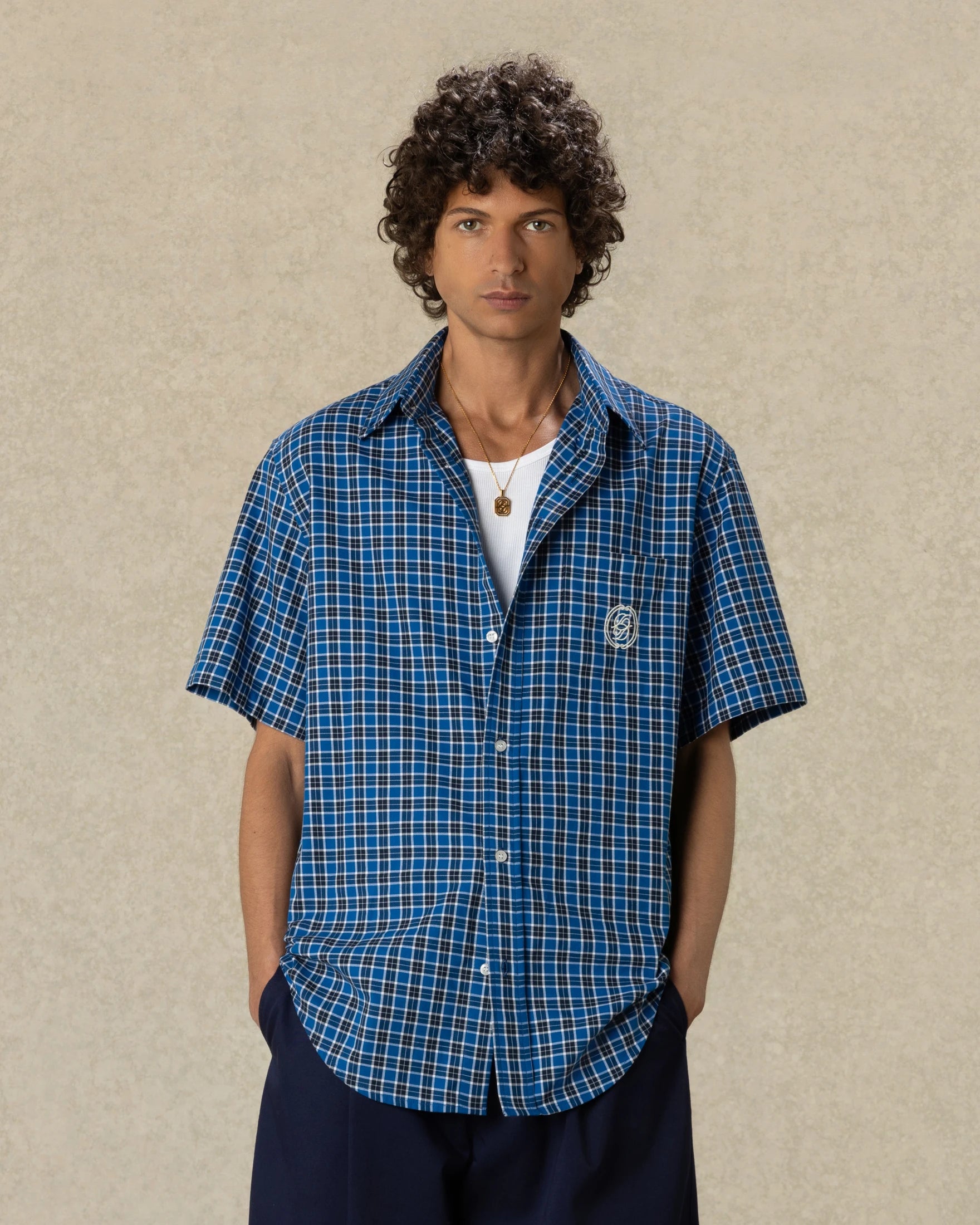 Drôle De Monsieur Short Sleeve Check Shirt Hemd Navy Bio-Baumwolle