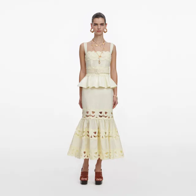 Self Portrait Yellow Linen Peplum Midi Kleid Gelb Leinen