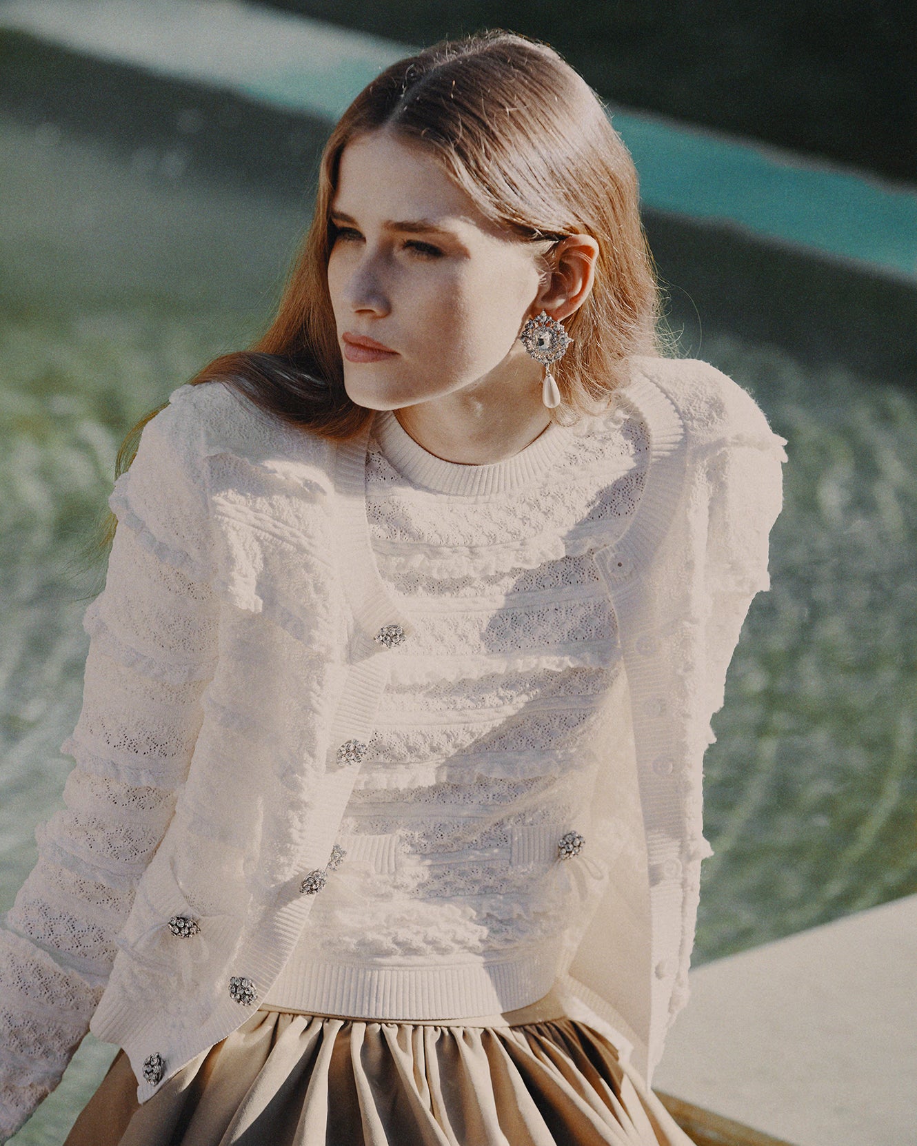 Self Portrait Pointelle Diamante Cardigan Weiß