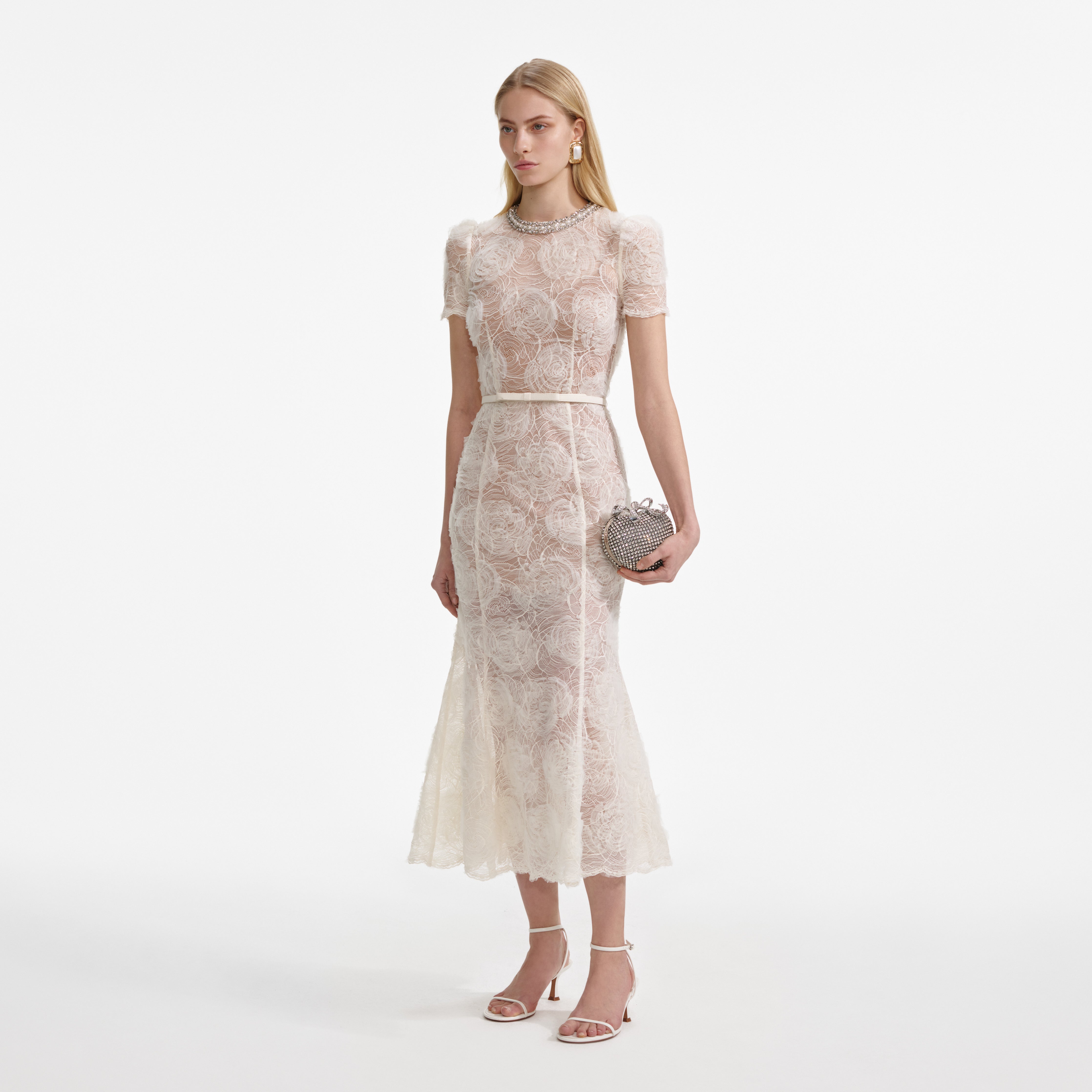 Self Portrait Midi Kleid Creme Tüll Spitze UK 8