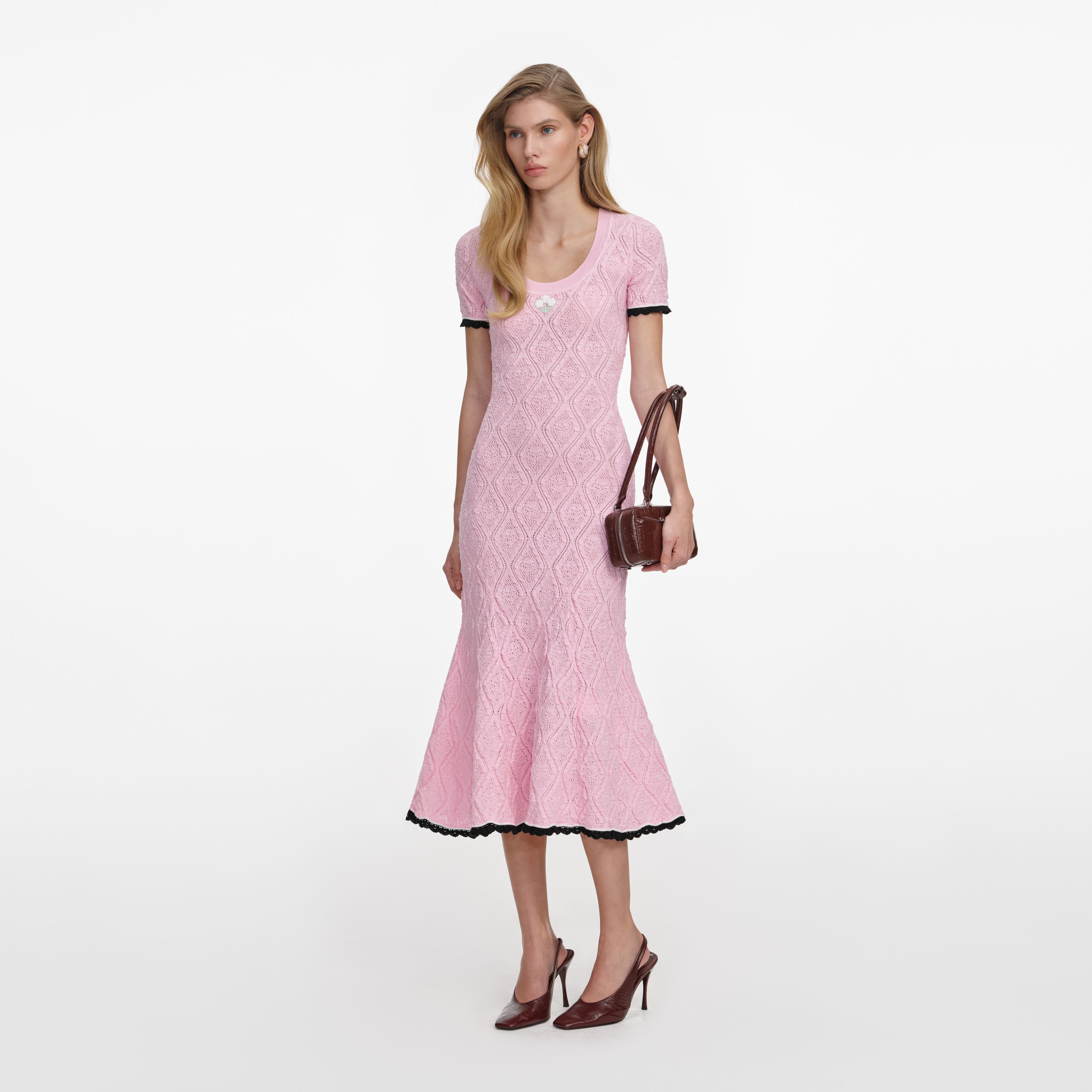 Self-Portrait Pink Pointelle Knit Midi Strickkleid Rosa Stickerei