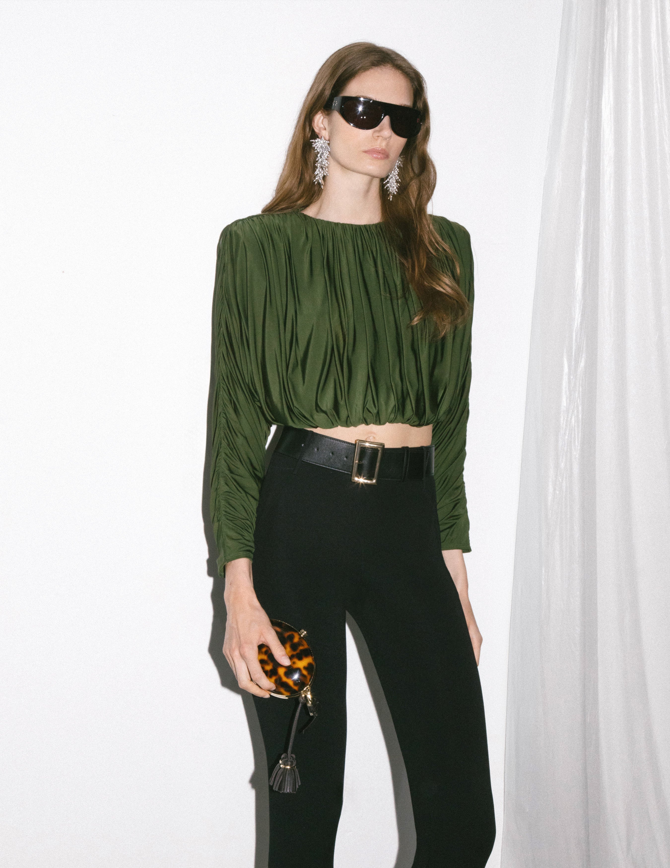 Self Portrait Olive Jersey Gathered Top Oliv Jersey Raffung