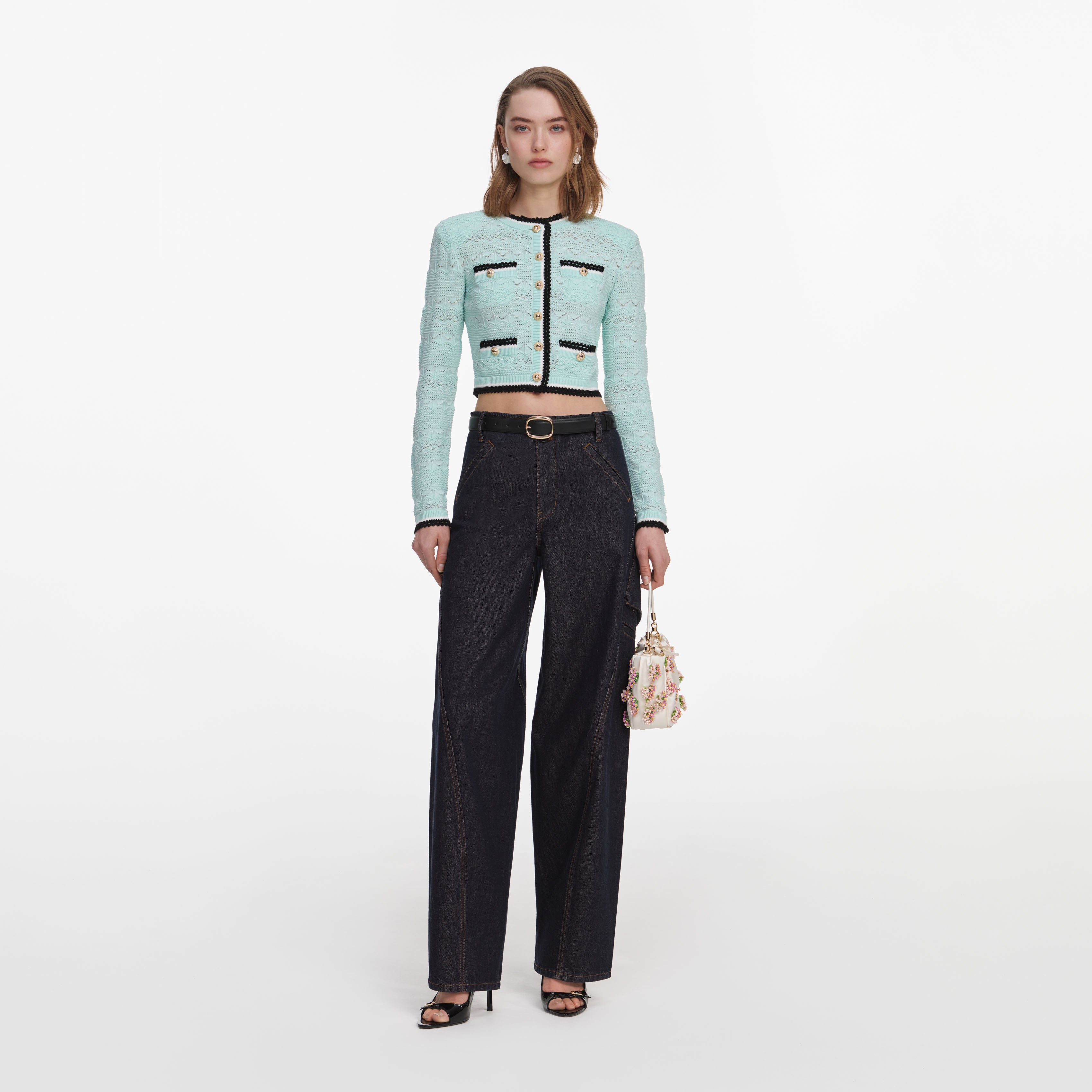 Self Portrait Mint Pointelle Strickjacke Mint Goldknöpfe