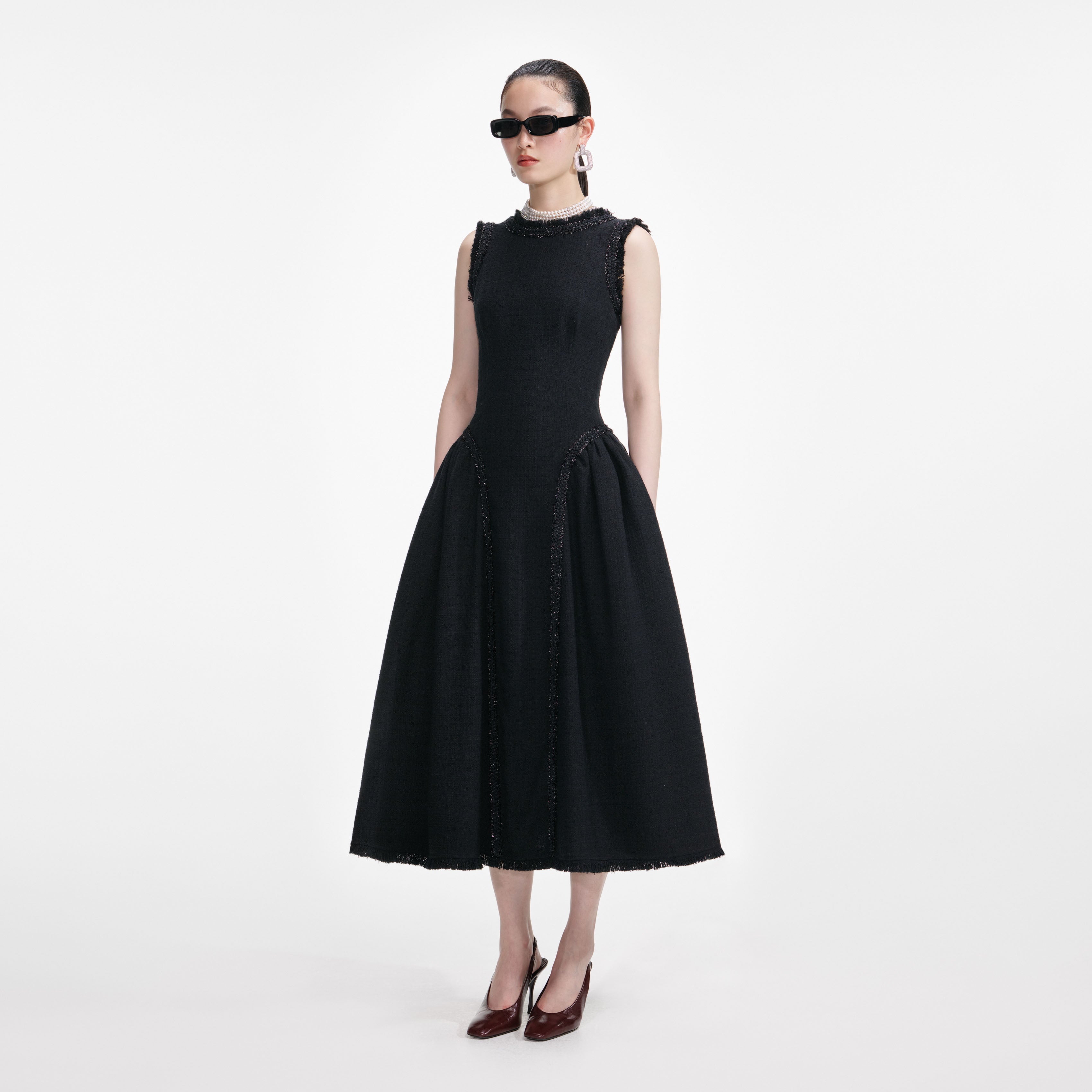 Self Portrait Black Boucle Midi Kleid Ärmellos Schwarz