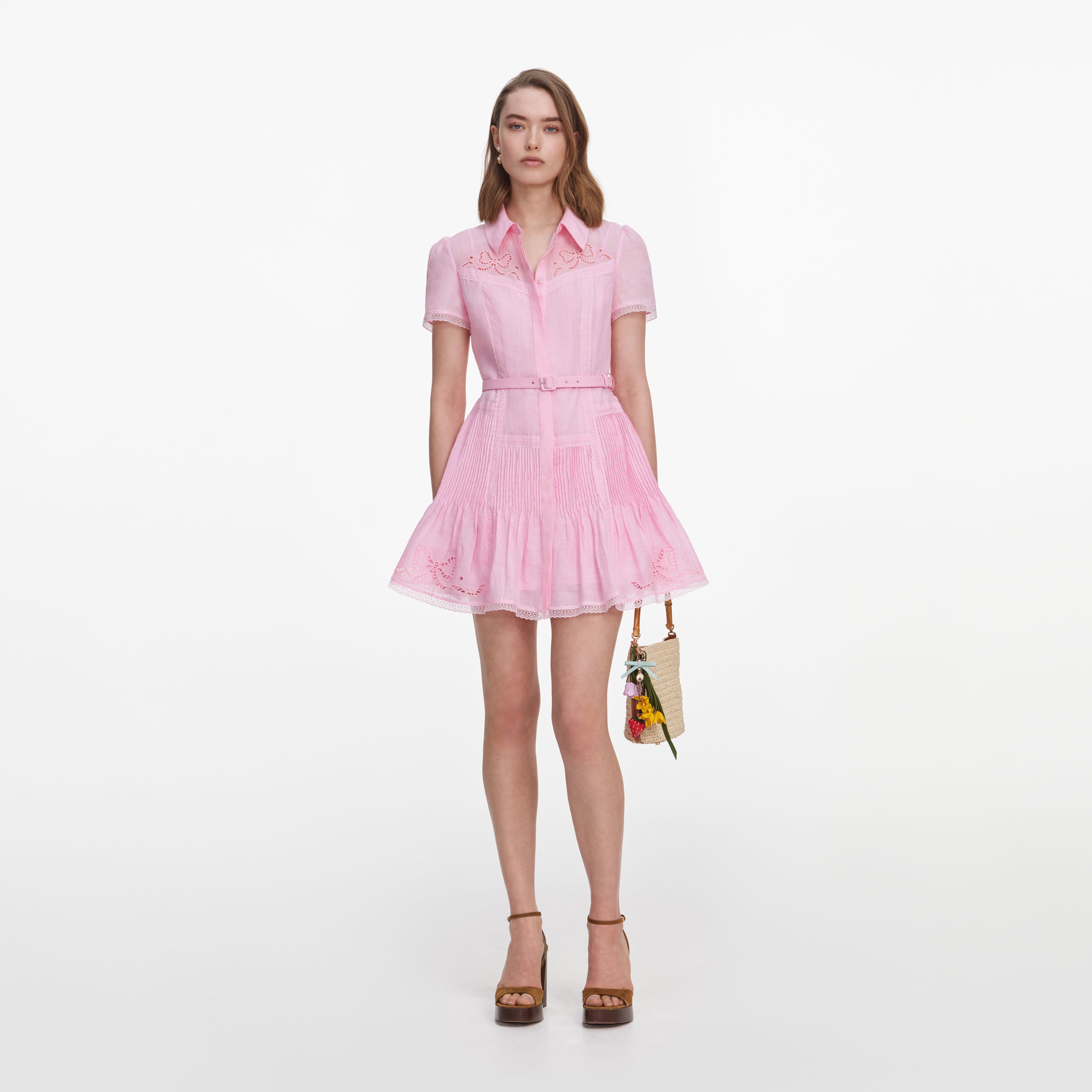 Self Portrait Pink Embroidered Minikleid Rosa UK 6 Leinen
