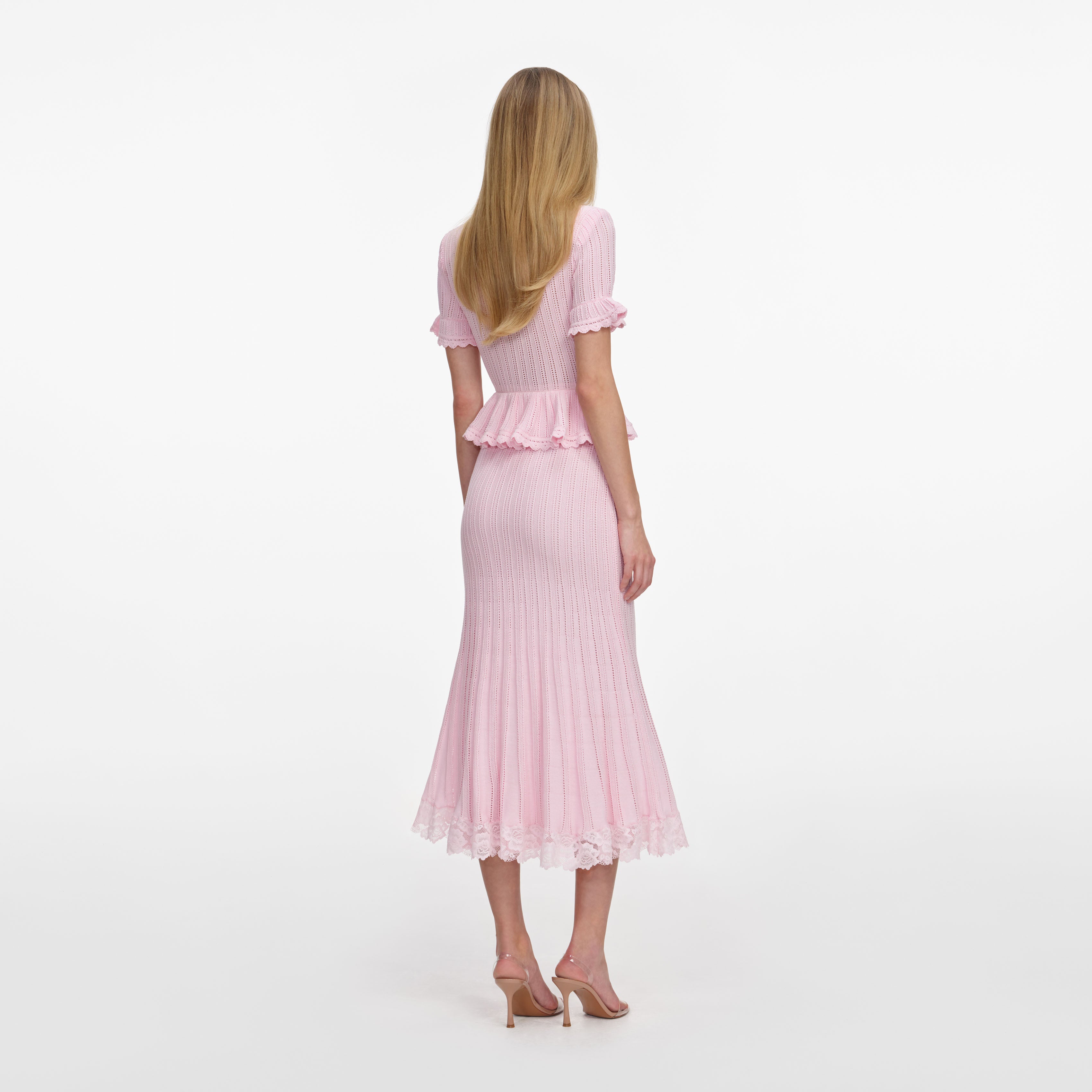 Self Portrait Pink Pointelle Peplum Knit Midi Dress Strickkleid Rosa