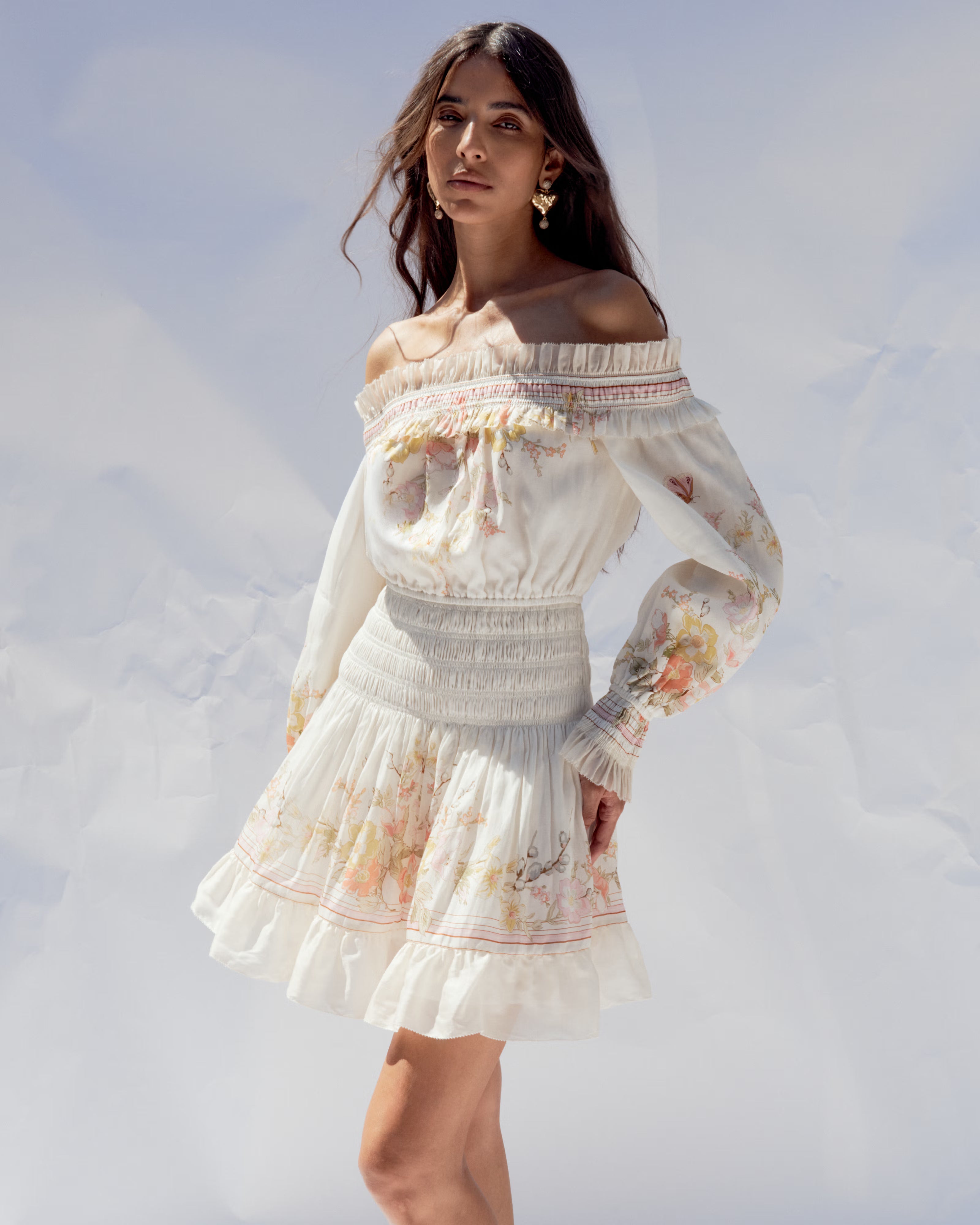 Self Portrait Cream Floral Organza Ruffle Minikleid Creme