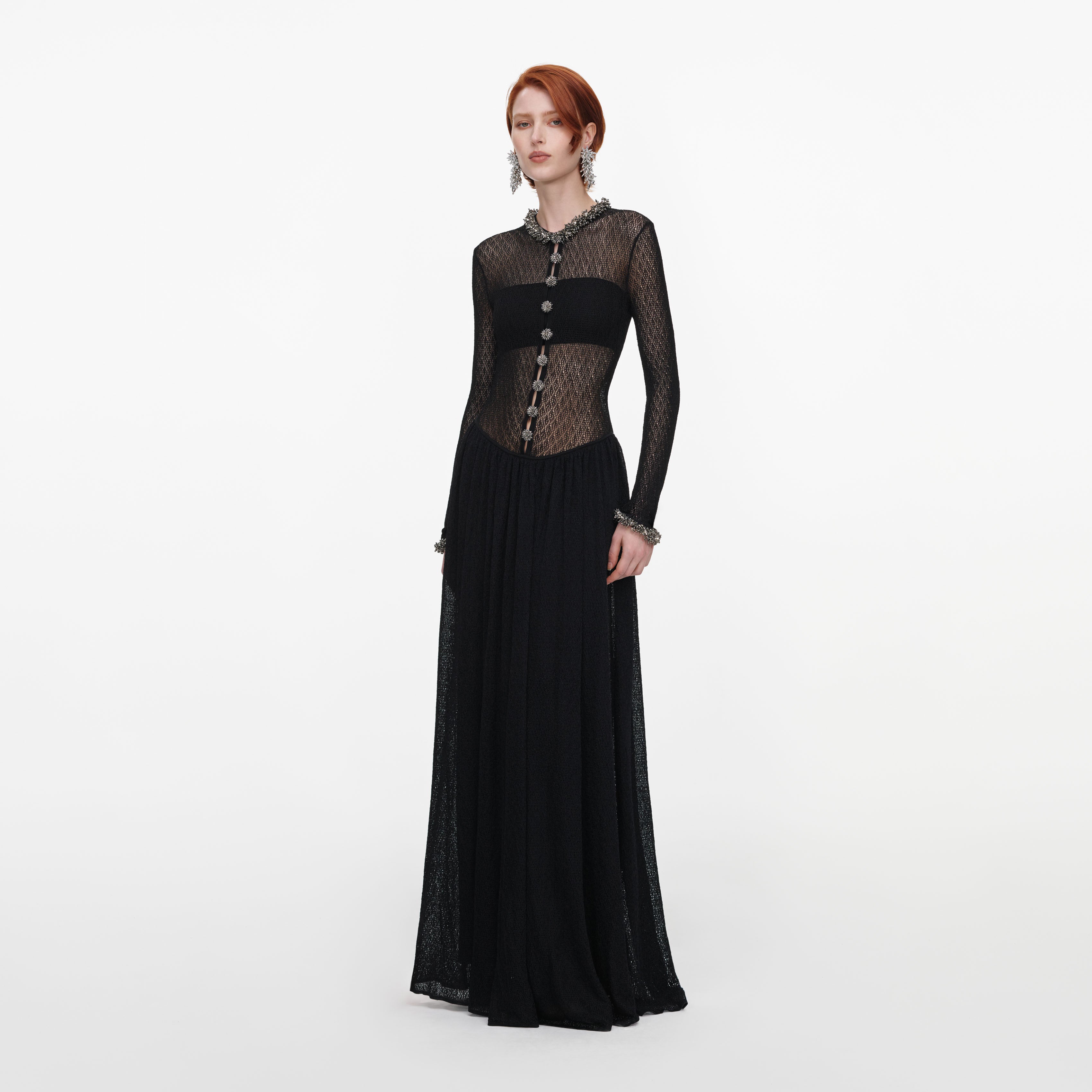 Self Portrait Pointelle Maxi Kleid Schwarz Strass Strick