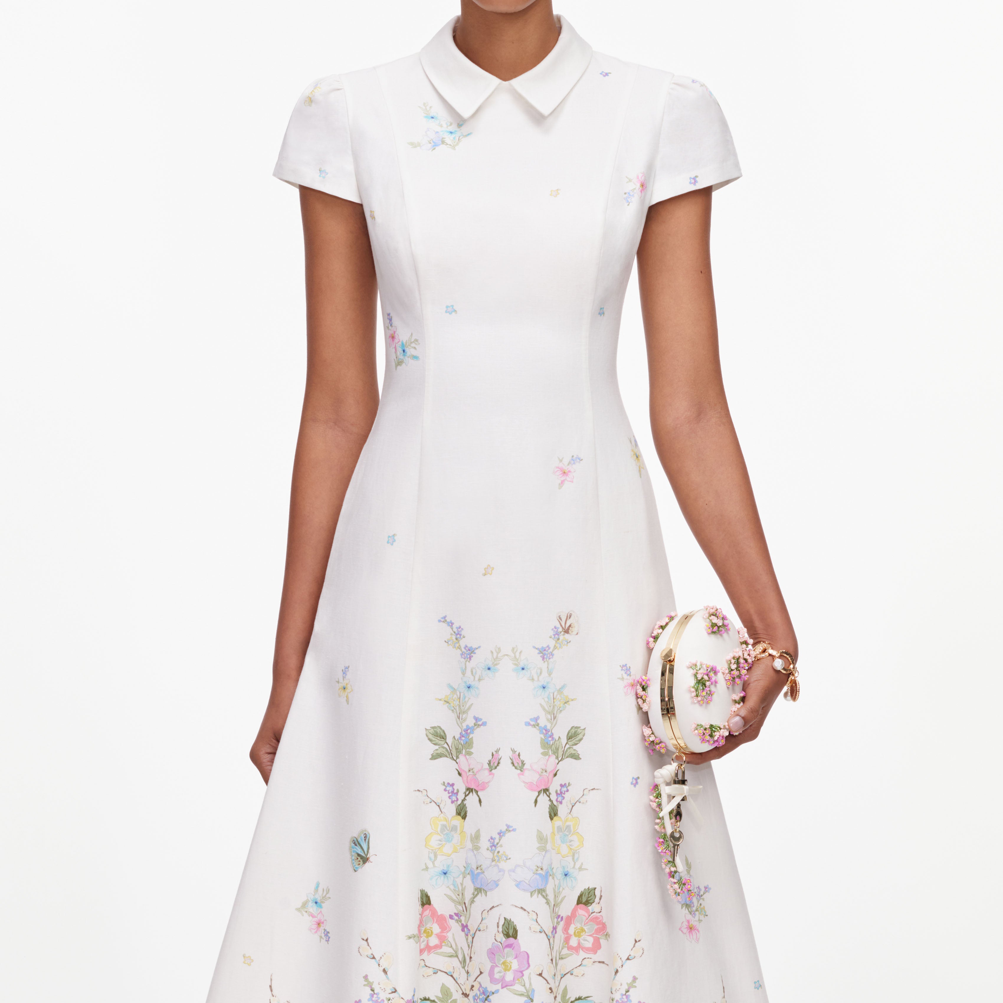 Self Portrait White Floral Leinen Midikleid Weiß