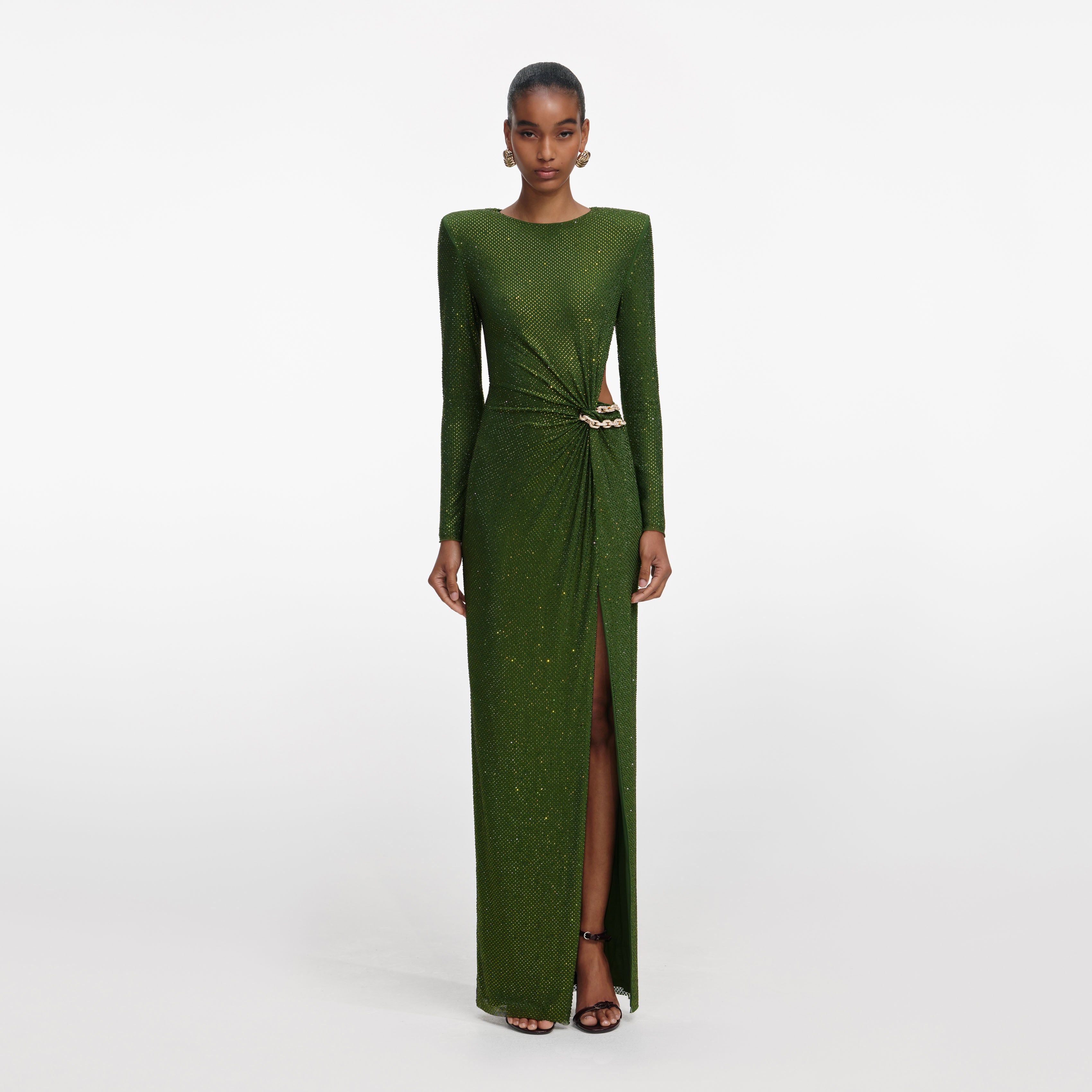 Self Portrait Olive Rhinestone Maxi Kleid Grün Strass