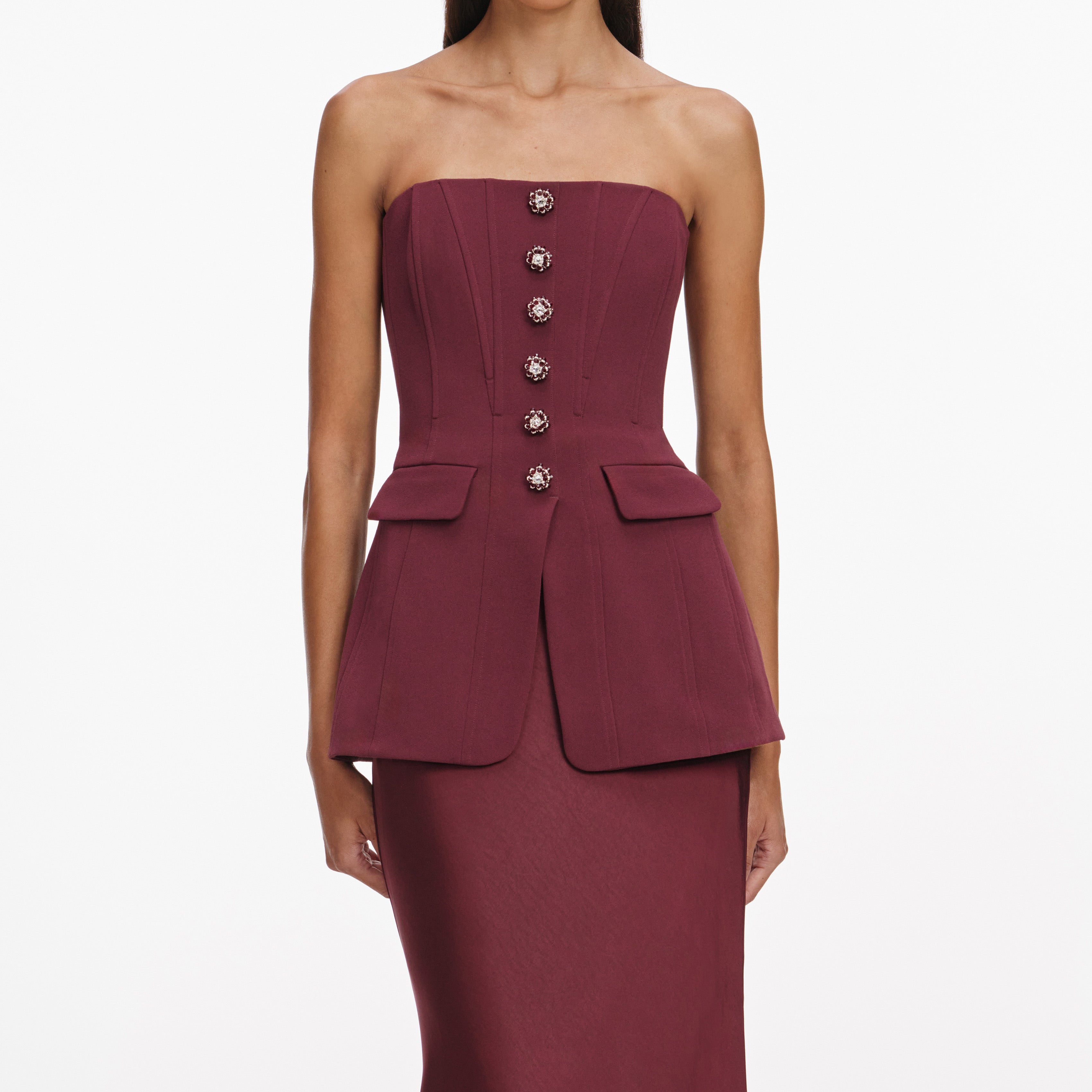 Self Portrait Bandeau Maxi Kleid burgundy Taft Abendkleid