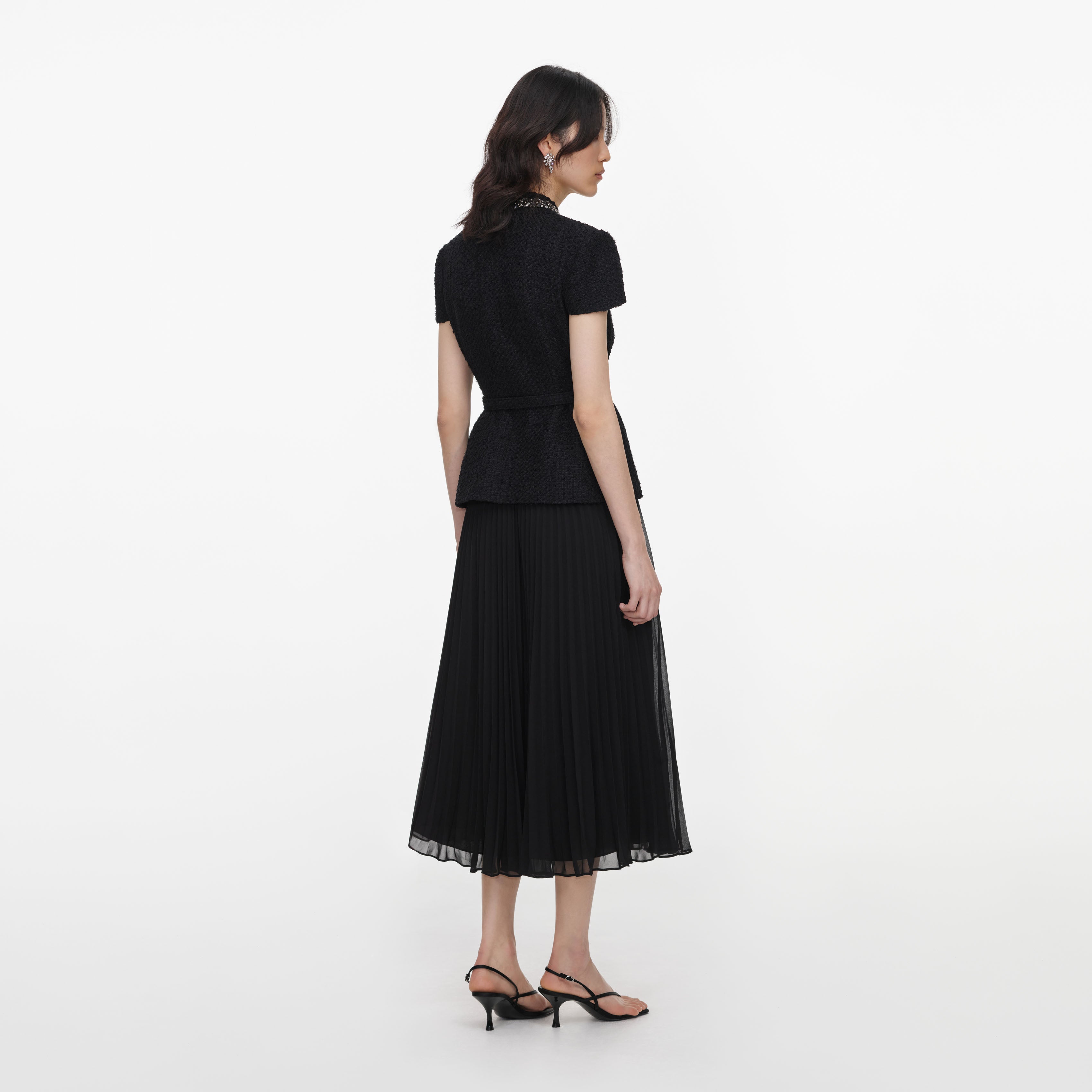 Self Portrait Black Boucle Crystal Midi Kleid Schwarz UK 10 Chiffon