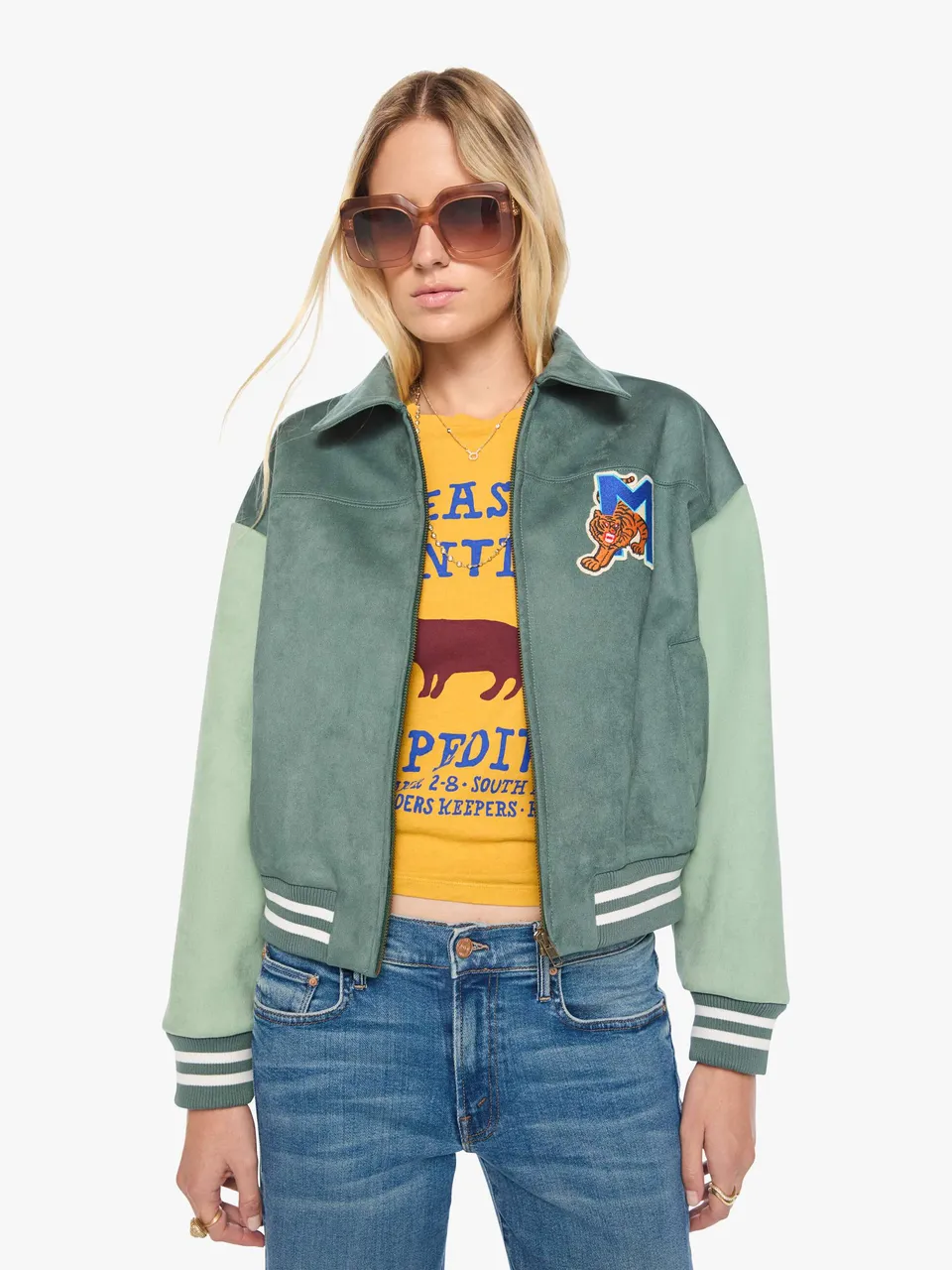 Mother The Oversized Letterman Jacke Grün Faux-Suede