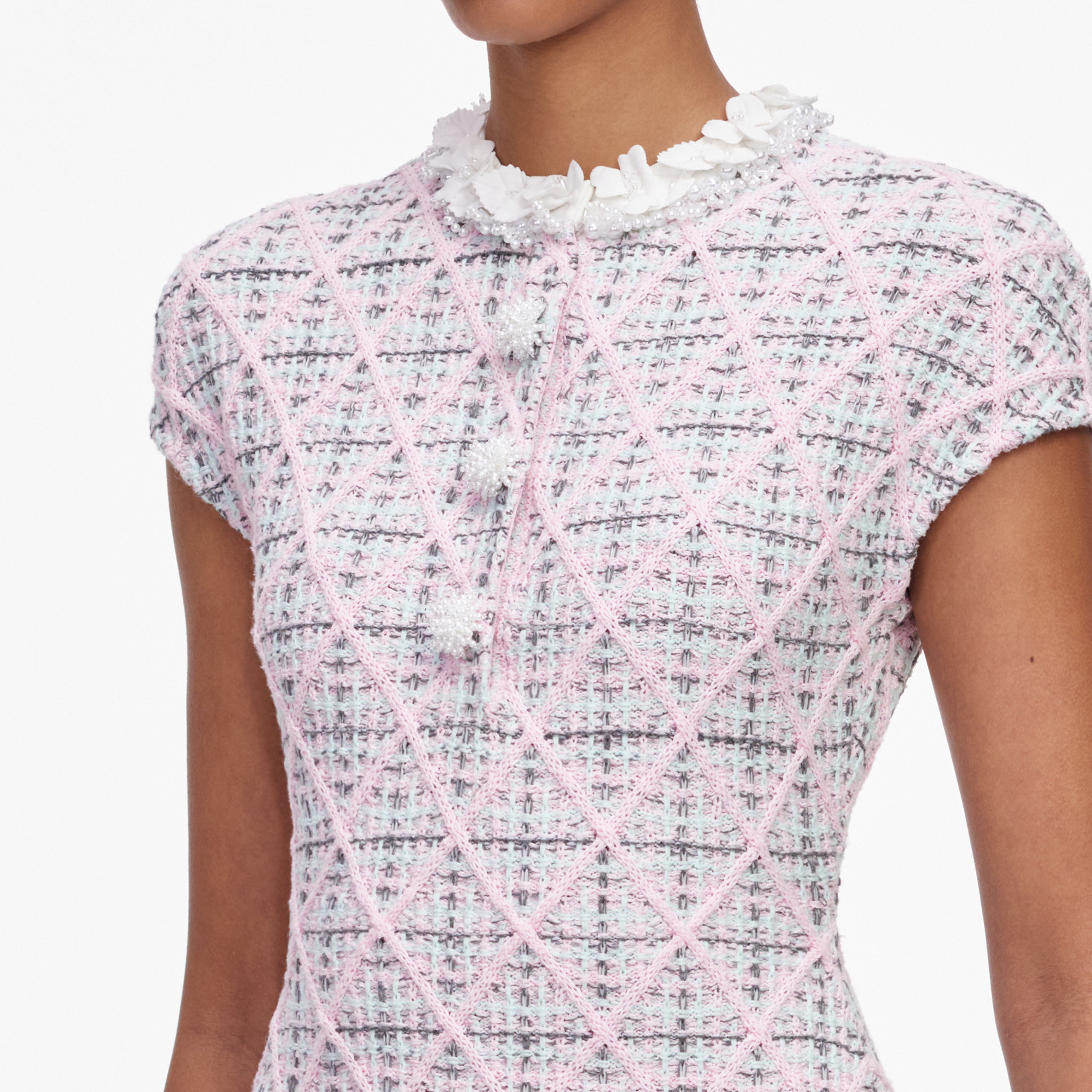 Self Portrait Check Strick Minikleid Rosa Perlen Knopfleiste