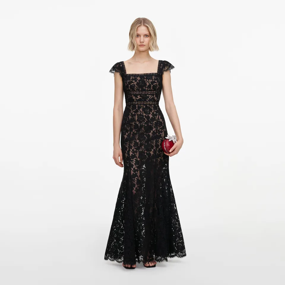 Self Portrait Dresses Black Lace Square Neck Maxi Kleid Schwarz Spitze