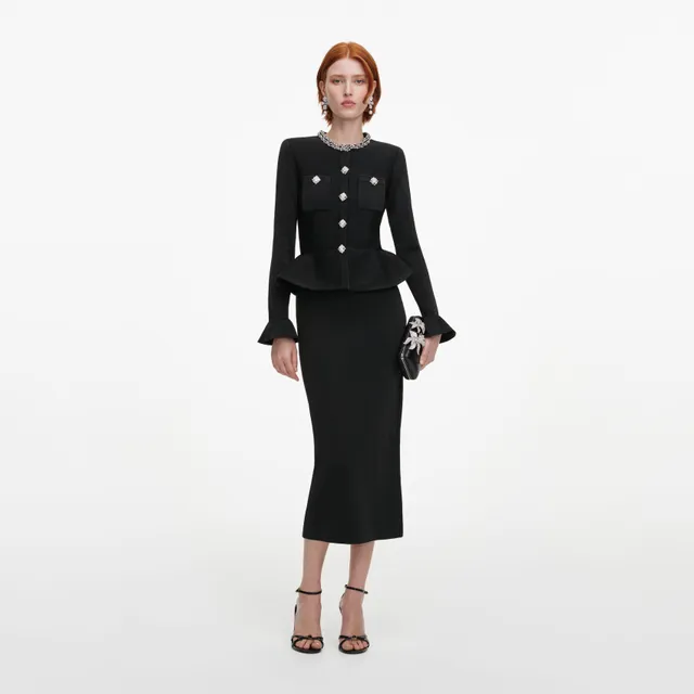 Self Portrait Black Crystal Trim Knit Midi Kleid Schwarz
